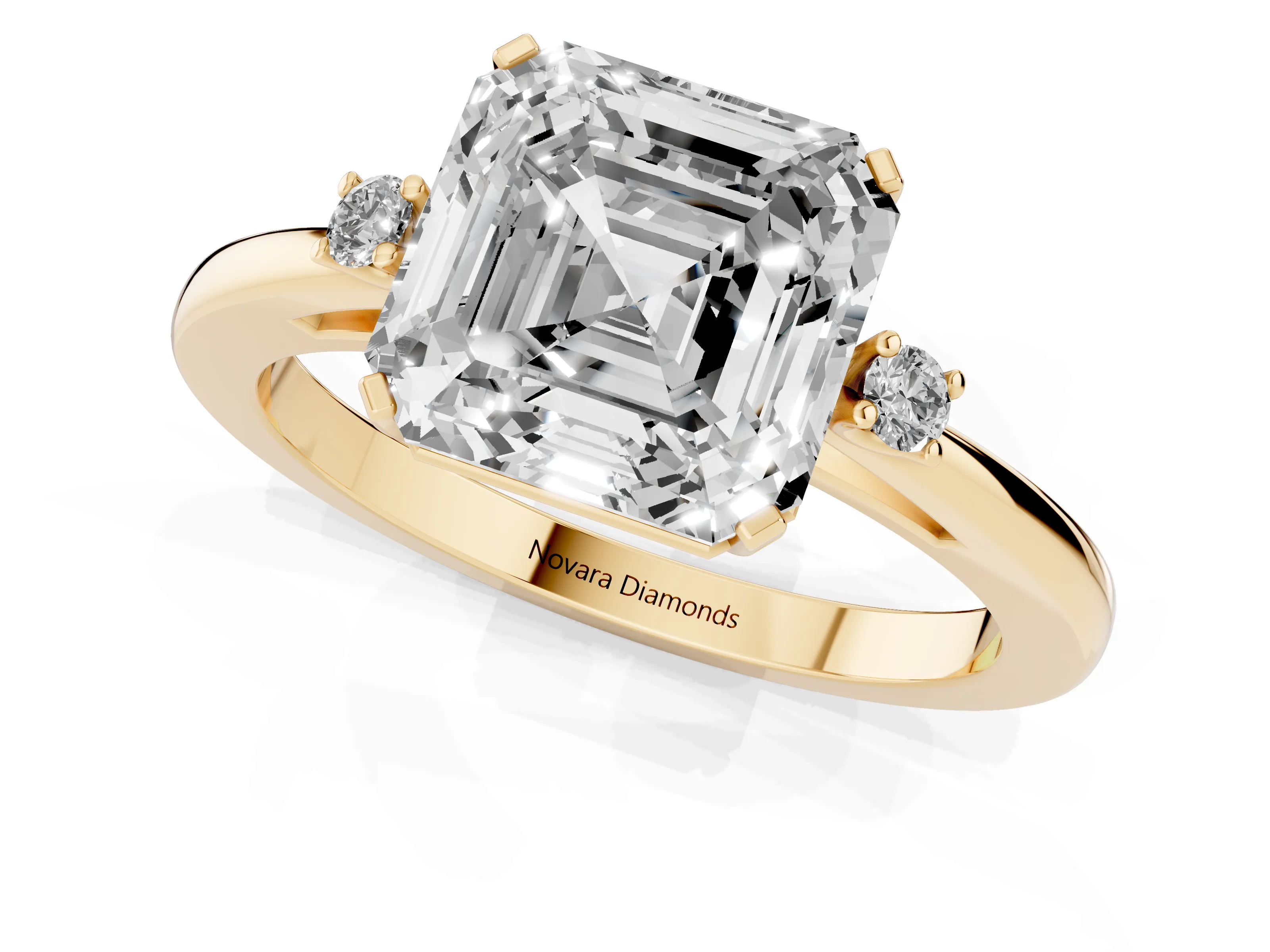 Three-Stone Asscher Cut Diamond Solitaire Ring Set in Yellow gold with Round Accent Stones and Prong Setting – second view