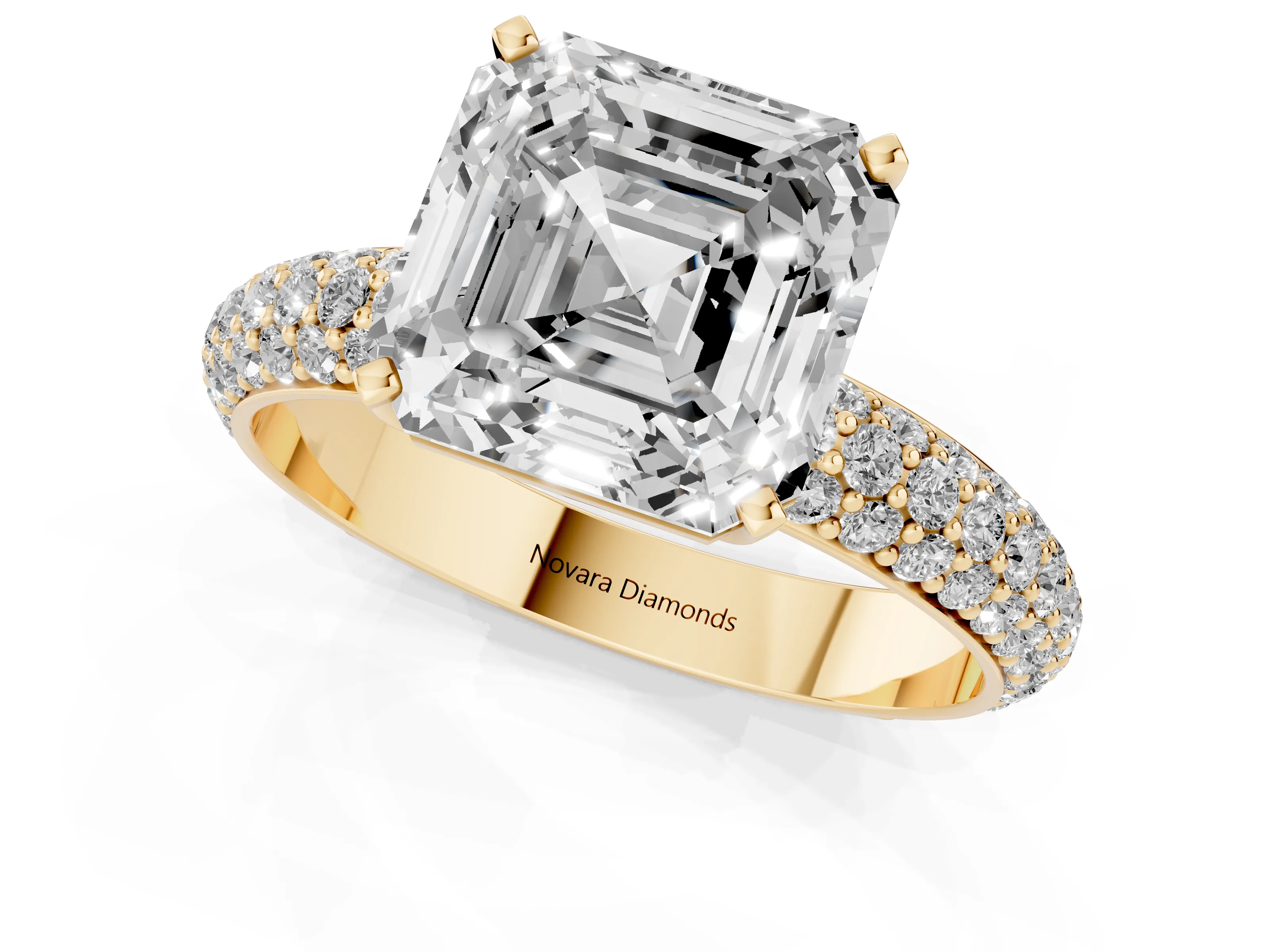 Asscher Cut Diamond Solitaire Ring Set in Yellow gold with Prong Setting and Pavé-Set Band