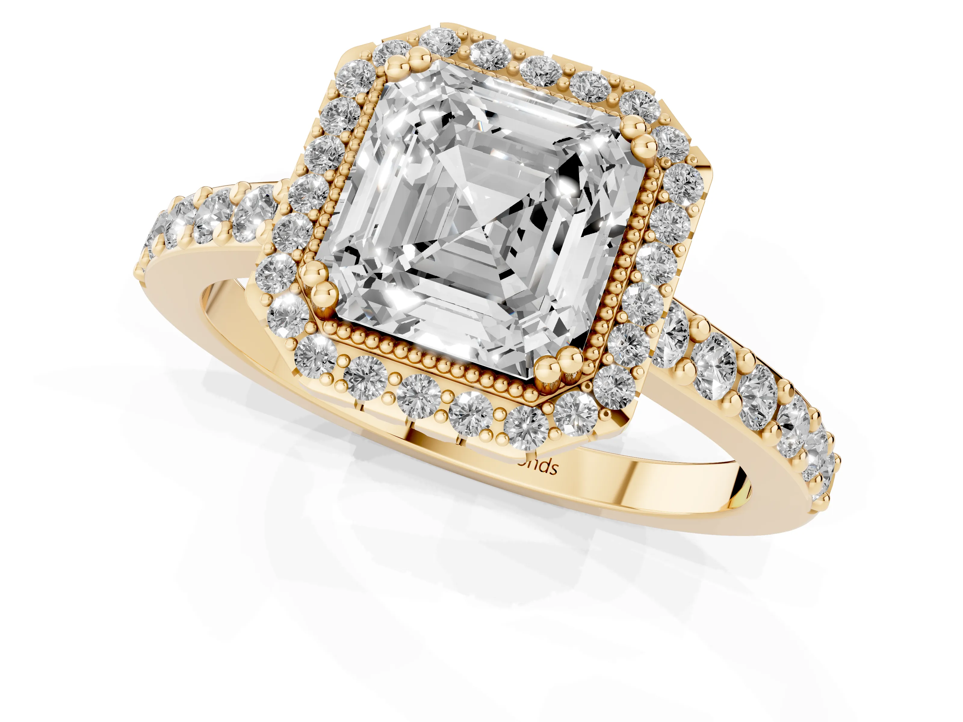 Asscher Cut Diamond Halo Engagement Ring Set in Yellow gold with Milgrain Detail and Pavé Band