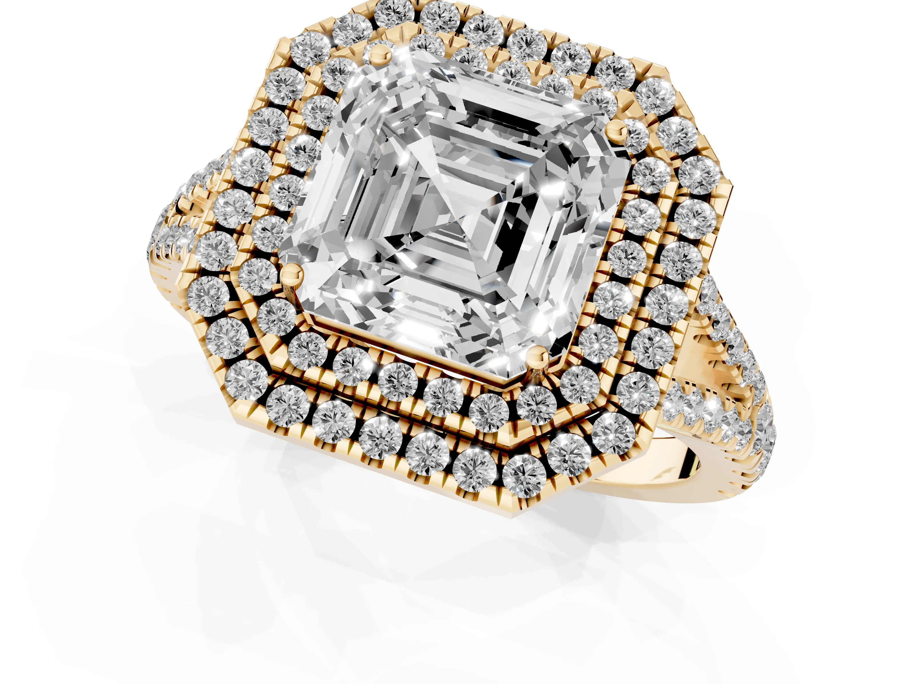Asscher Cut Diamond Double Halo Ring Set in Yellow gold with Pavé Band