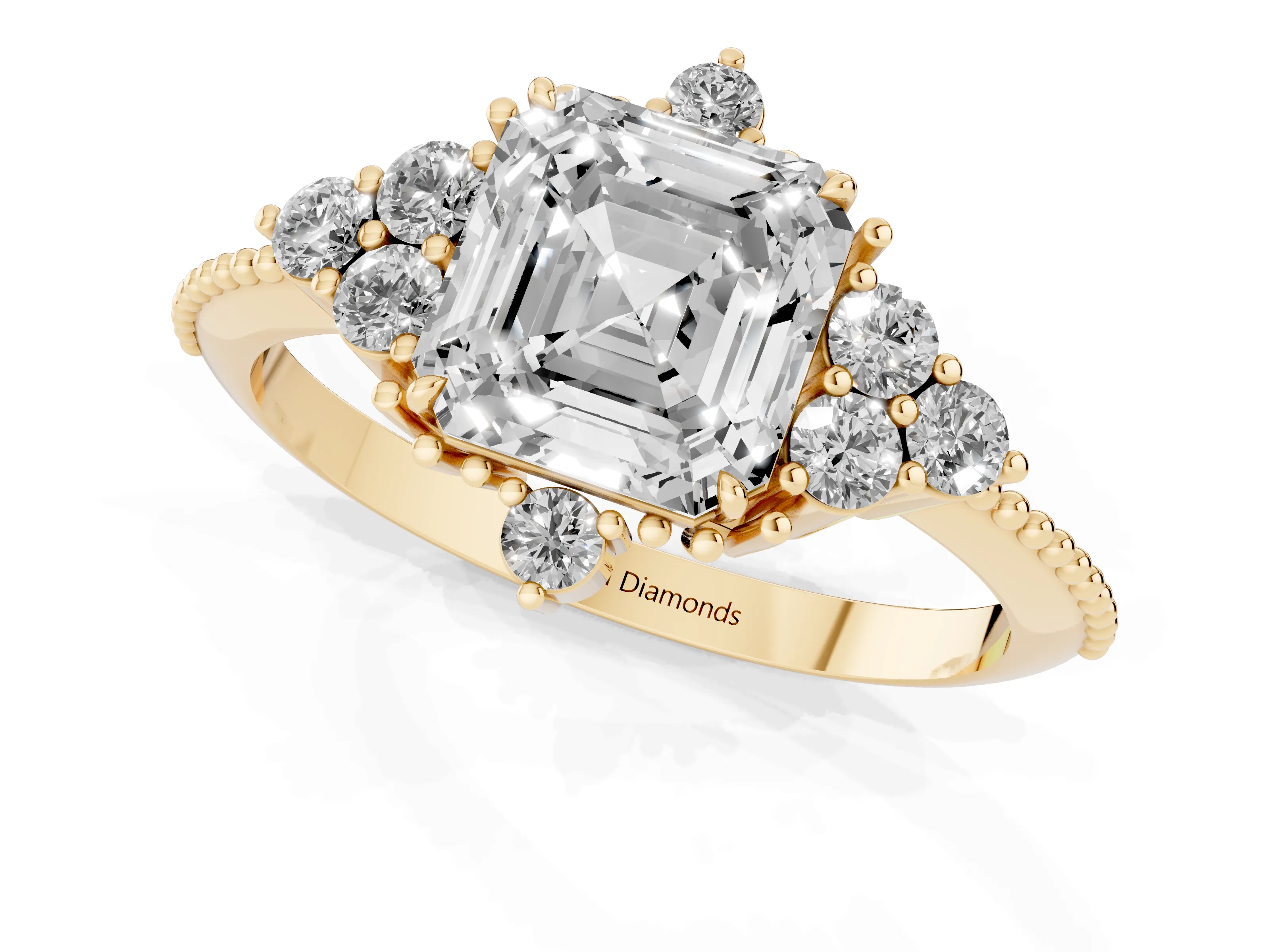 Asscher Cut Diamond Cluster Ring Set in Yellow gold with Beaded Band
