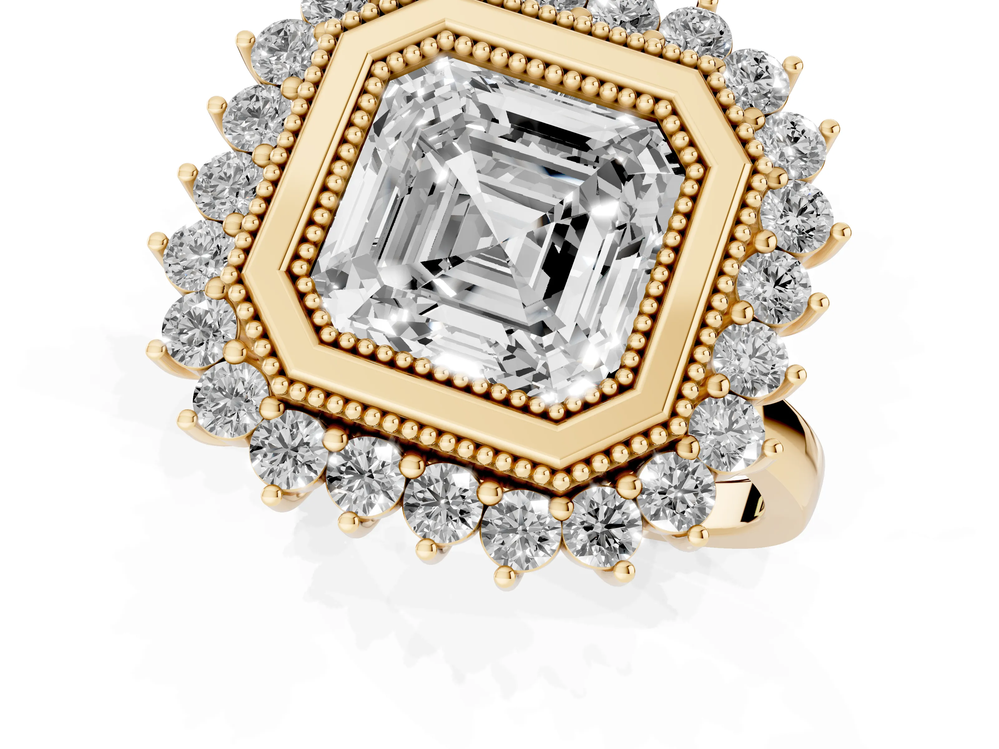 Asscher Cut Diamond Halo Ring Set in Yellow gold with Milgrain Edge and Round Prong Setting