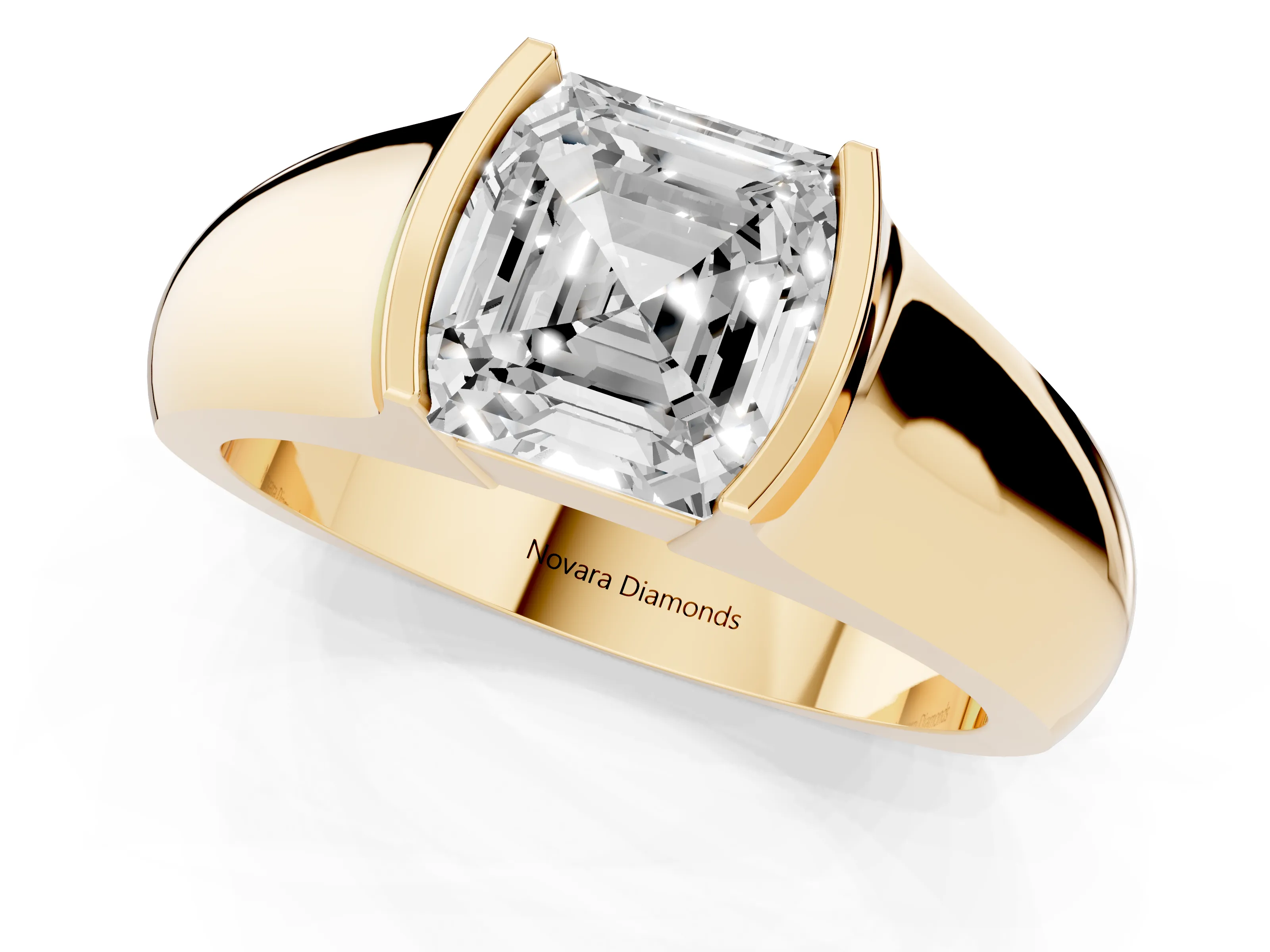 Asscher Cut Diamond Bezel Solitaire Ring Set in Yellow gold with Wide Band