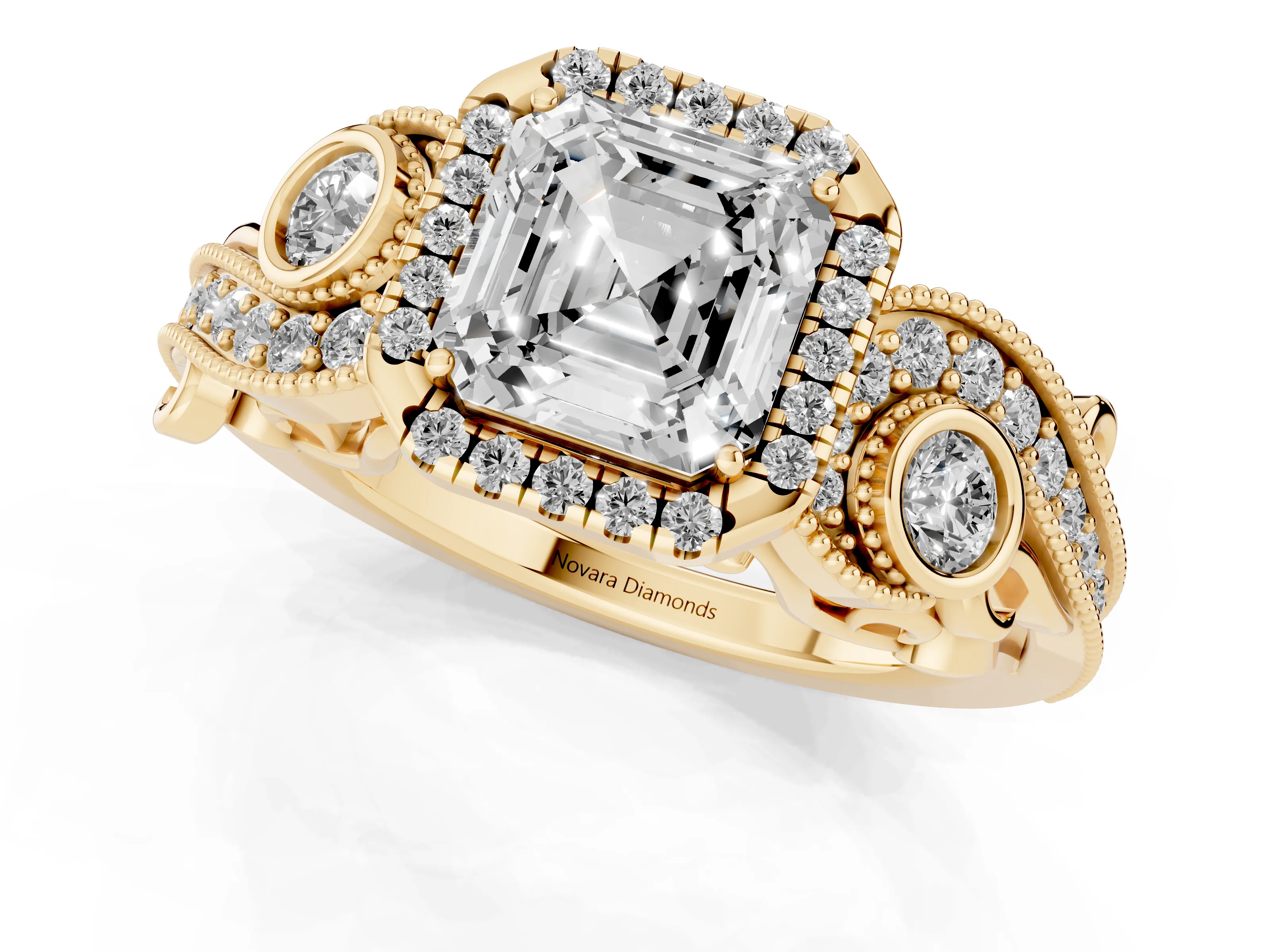 Asscher Cut Vintage Milgrain Halo Engagement Ring Setting | Bezel Shoulder Accents | Yellow Gold