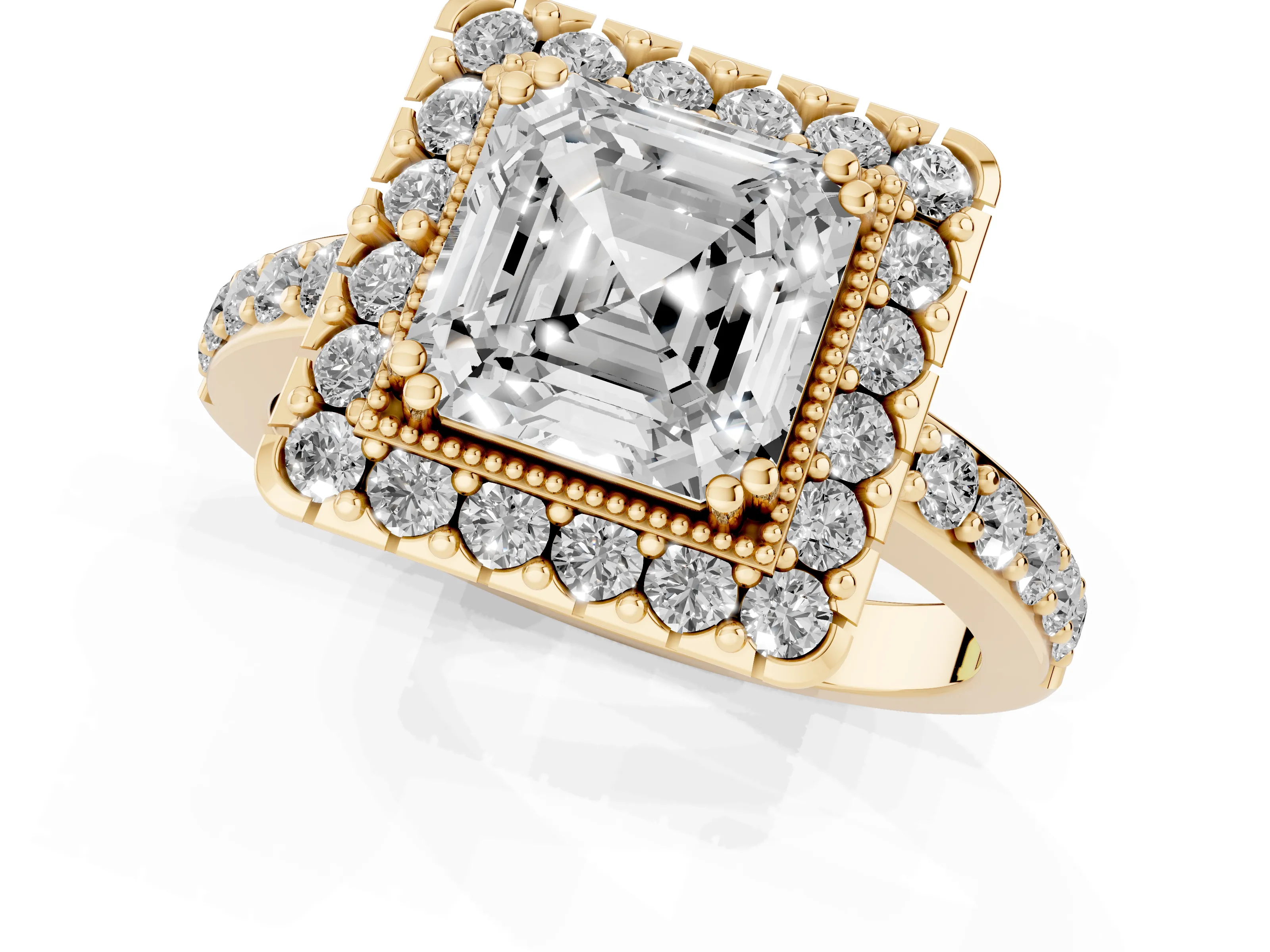 Asscher Cut Diamond Halo Ring Set in Yellow gold with Pavé Shank and Prong Setting