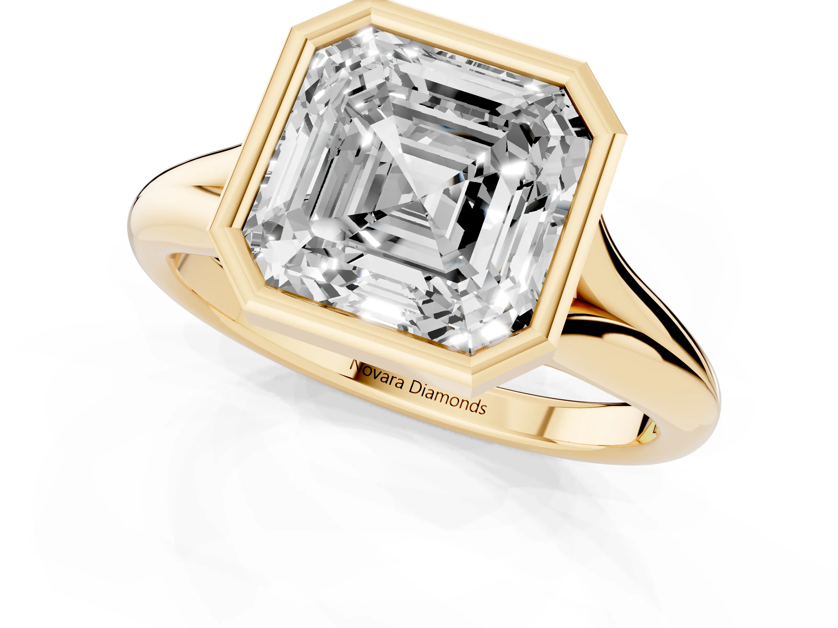 Bezel Set Asscher Cut Diamond Solitaire Ring Set in Yellow gold with Smooth Band