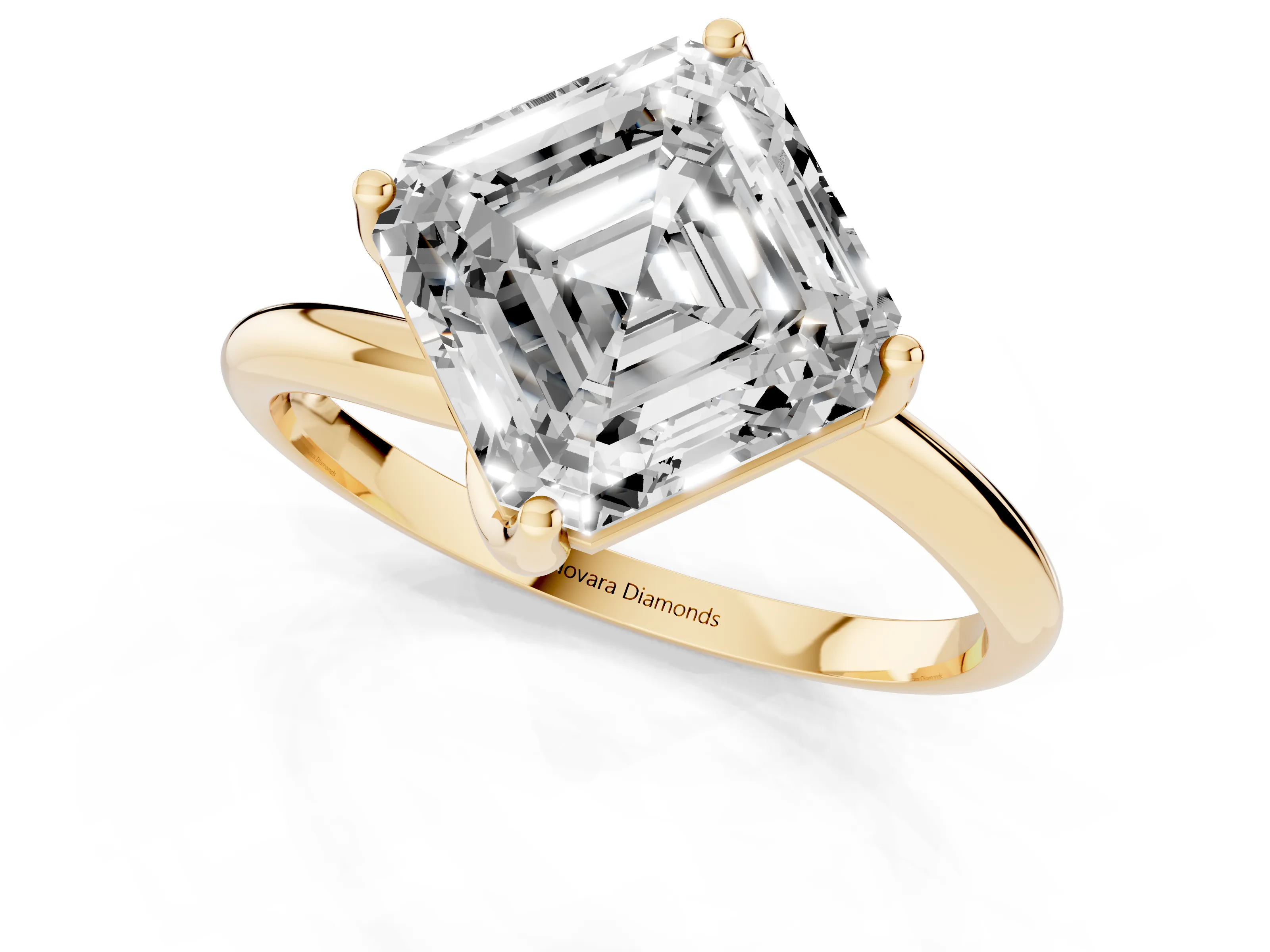Asscher Cut Diamond Solitaire Engagement Ring Set in Yellow gold with Classic Plain Band