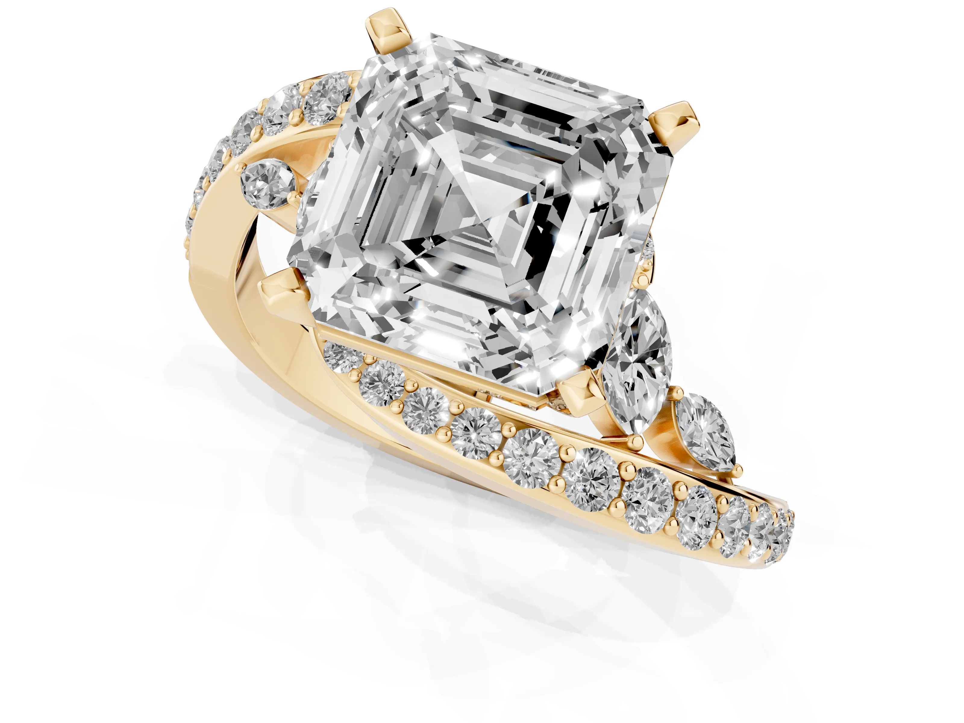 Asscher Cut Bypass Pavé Engagement Ring Setting | Marquise Accents | Yellow Gold