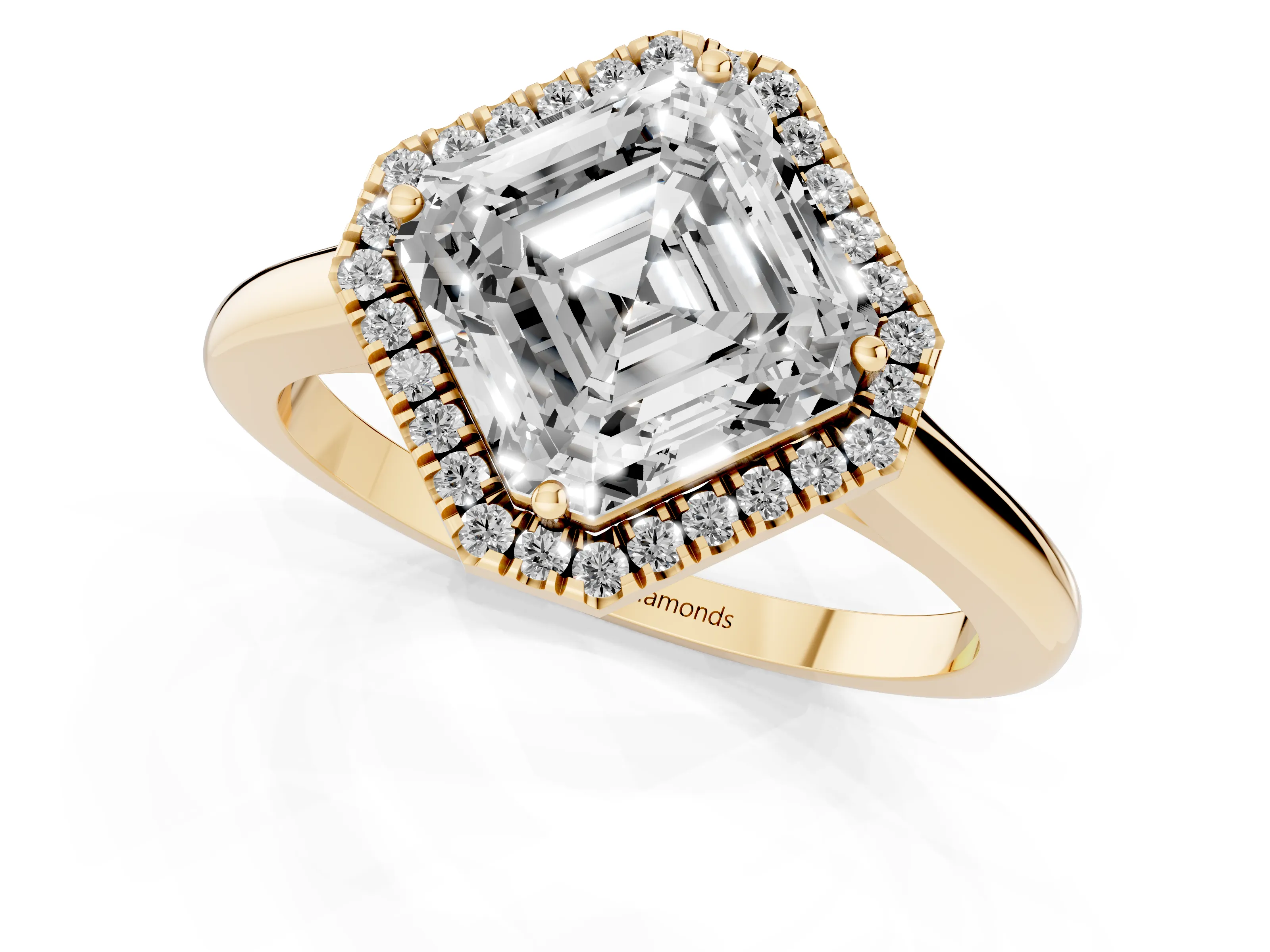 Asscher Cut Diamond Halo Engagement Ring Set in Yellow gold with Pavé Band and Rising Shoulders