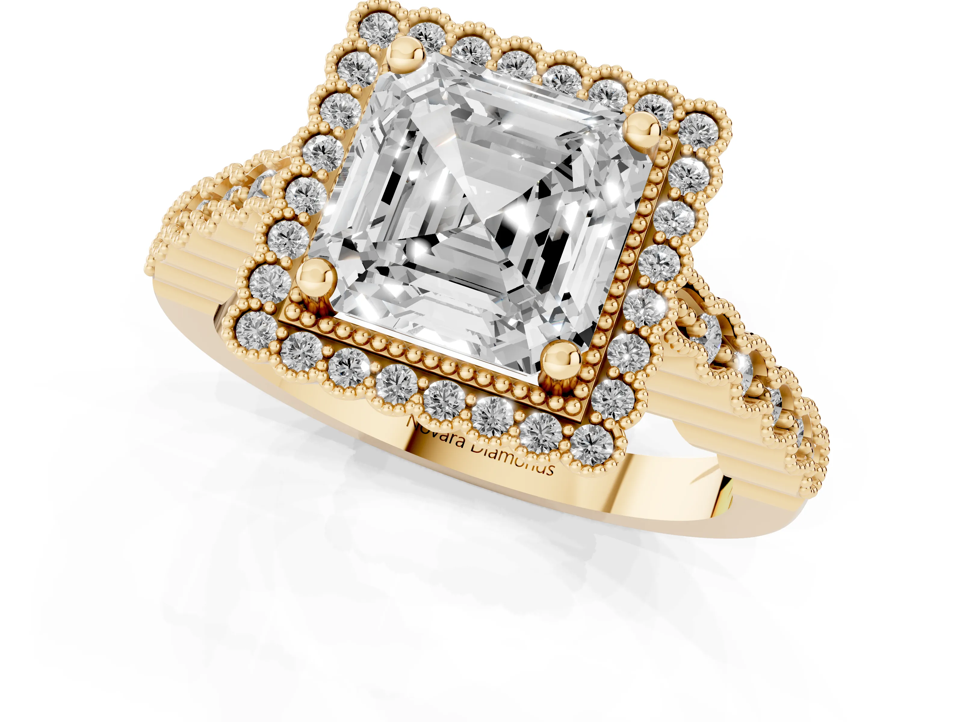 Asscher Cut Diamond Halo Ring Set in Yellow gold with Pavé Milgrain Band