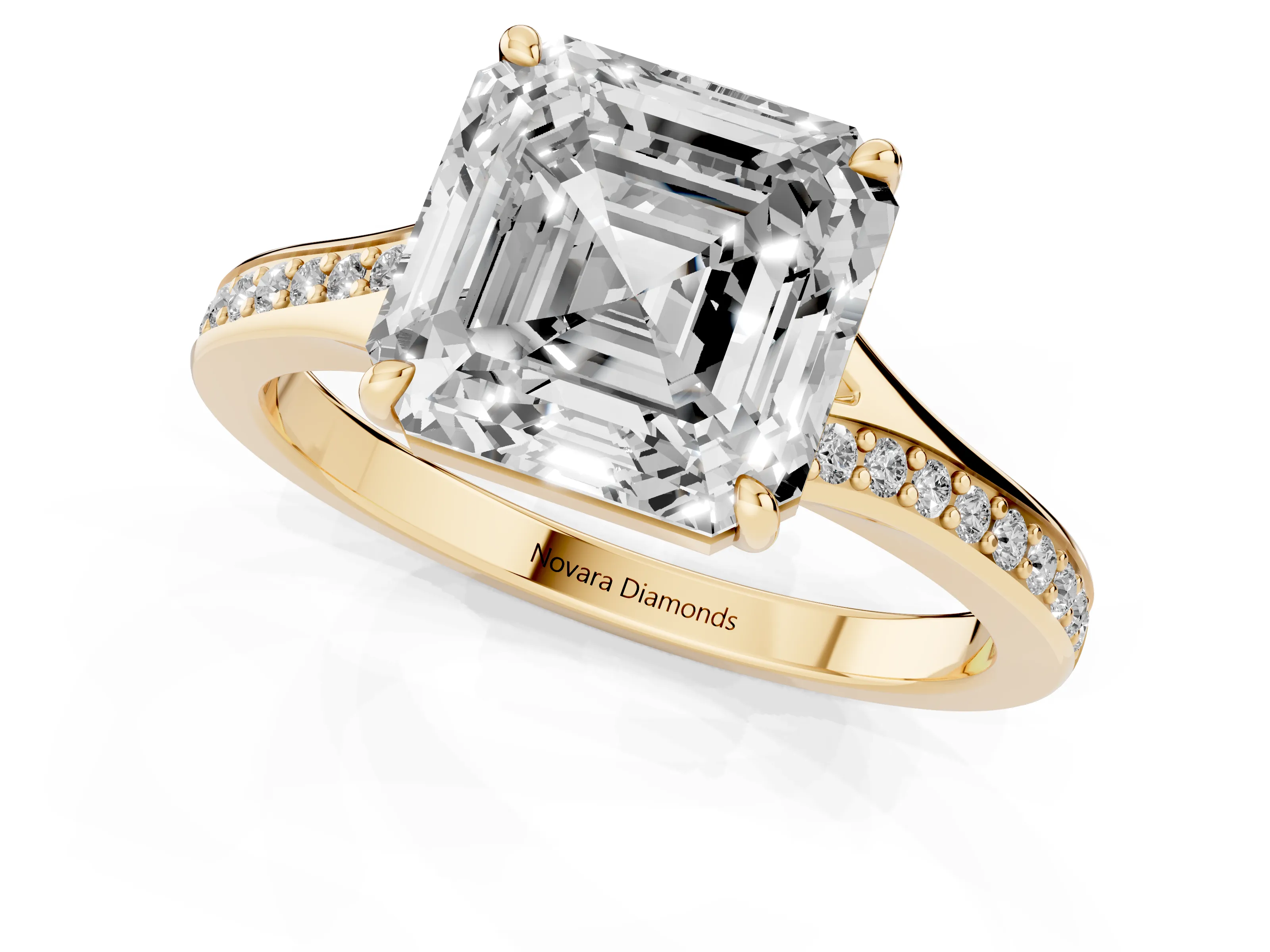 Asscher Cut Diamond Solitaire Ring Set in Yellow gold with Pavé Accent Band and Classic Prong Setting