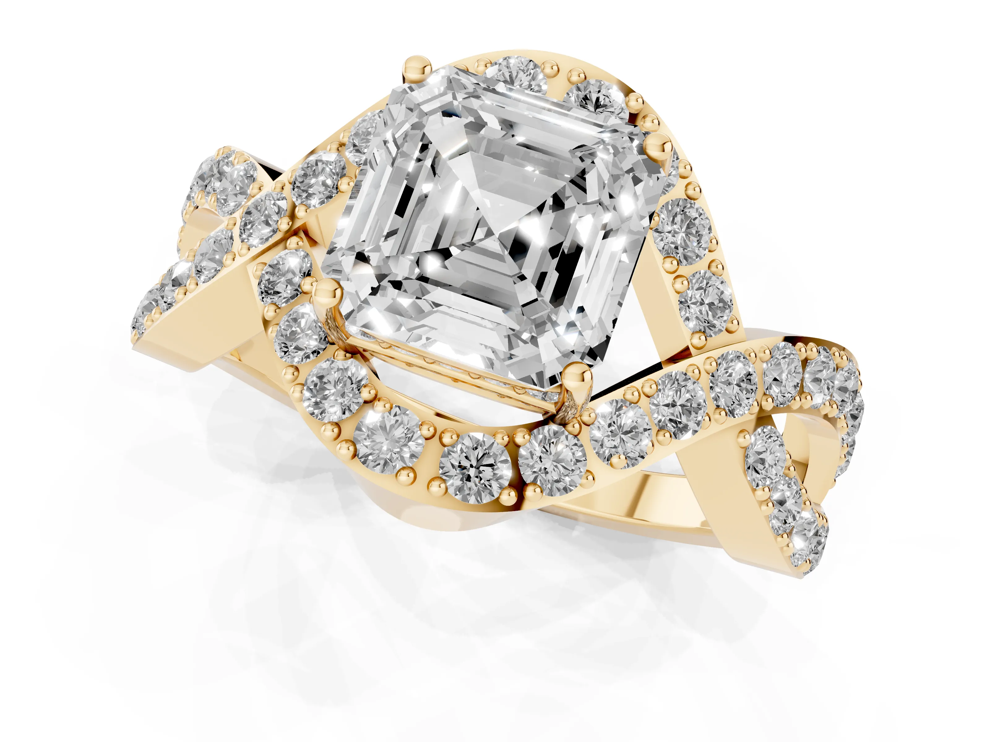 Asscher Cut Diamond Solitaire Twist Band Pavé Engagement Ring Set in Yellow gold