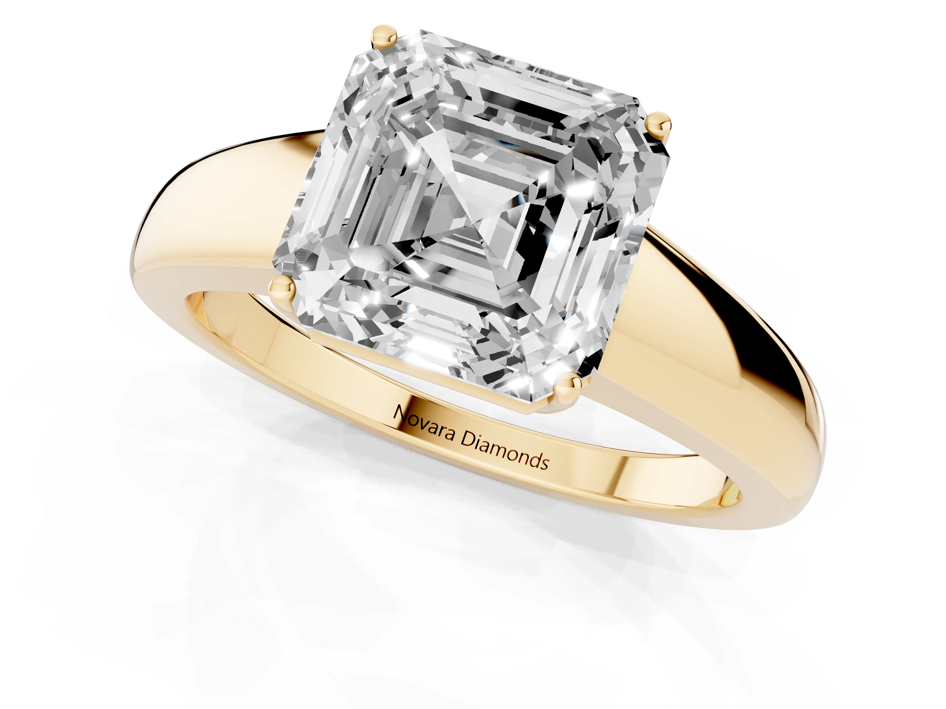 Asscher Cut Diamond Solitaire Ring Set in Yellow gold with Tapered Band and Prong Setting