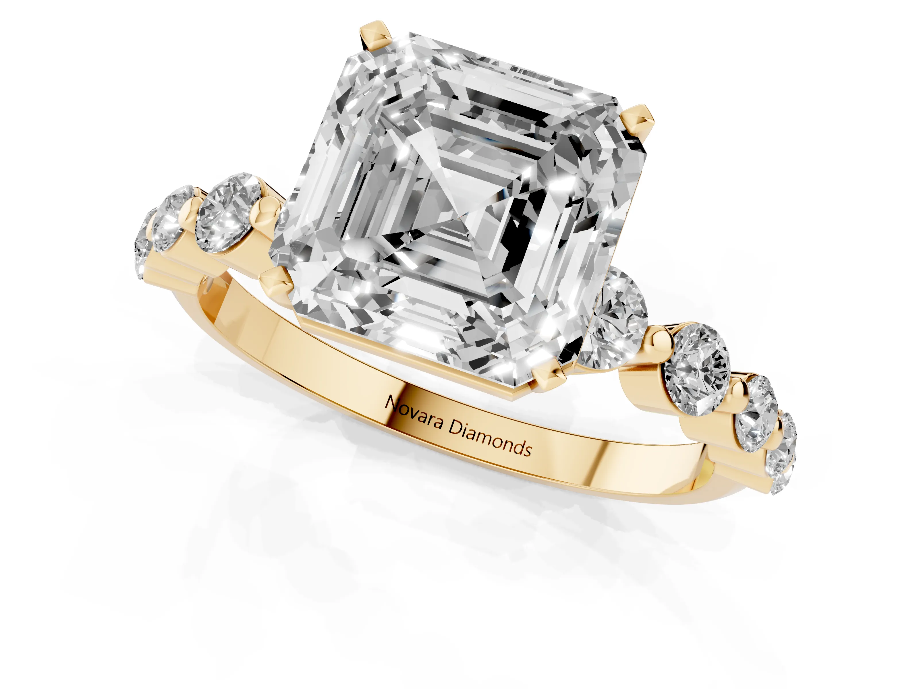 Asscher Cut Diamond Solitaire Ring Set in Yellow gold with Pavé Band and Prong Setting