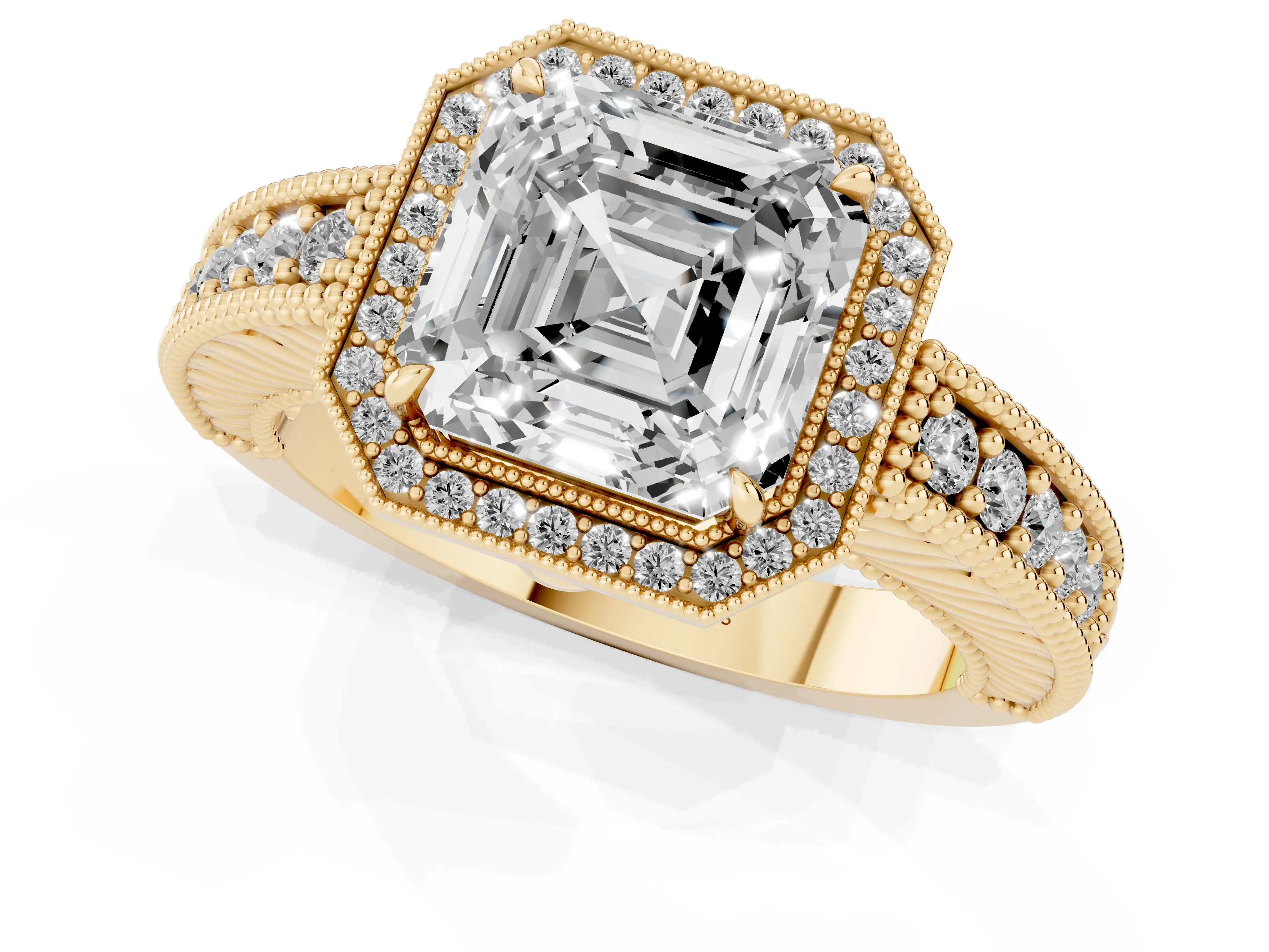 Asscher Cut Diamond Halo Ring Set in Yellow gold with Round Accent Halo, Pavé Band and Prong Setting