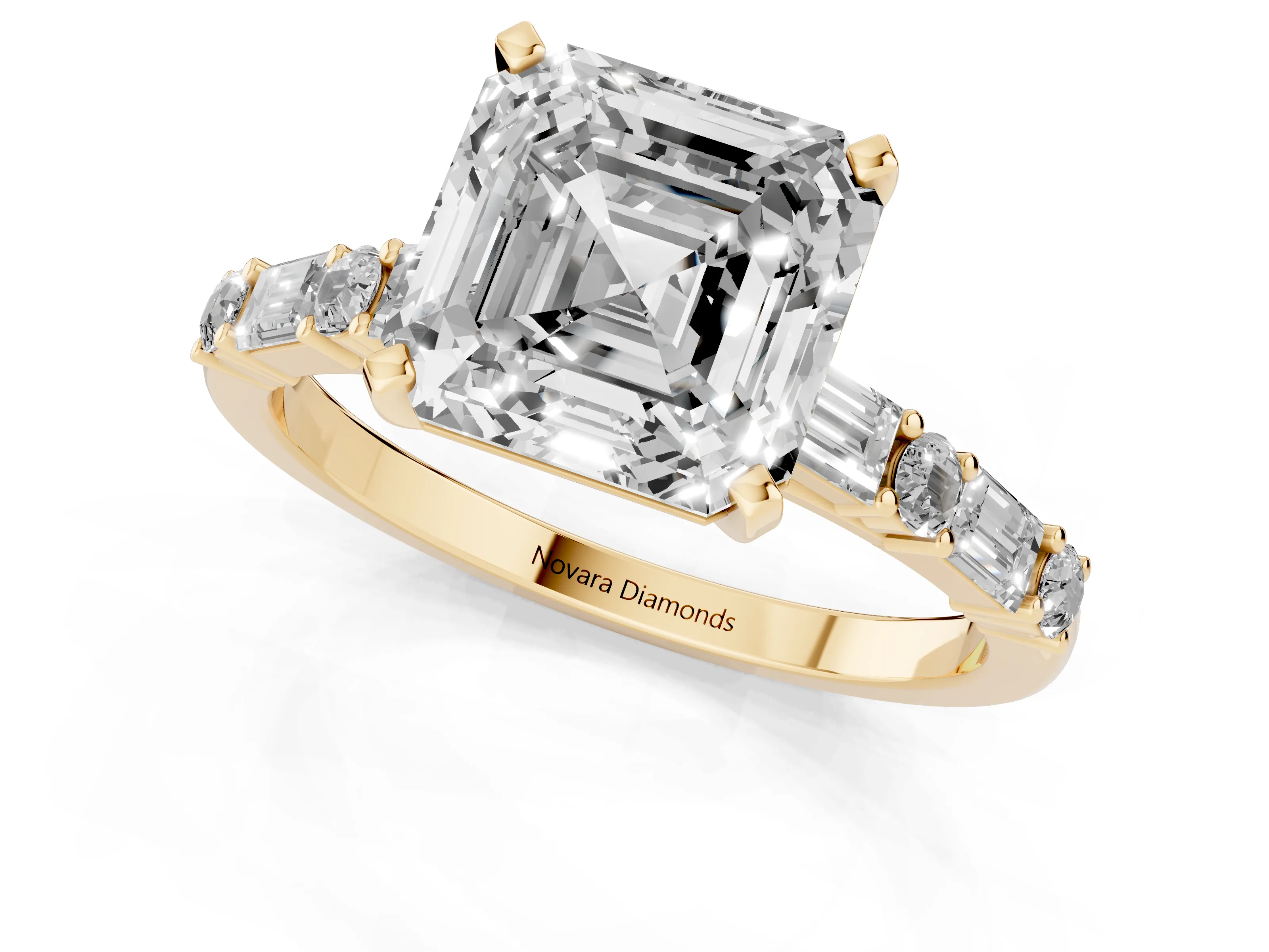 Asscher Cut Diamond Solitaire Set in Yellow gold with Side Baguettes and Channel Set Band – second view
