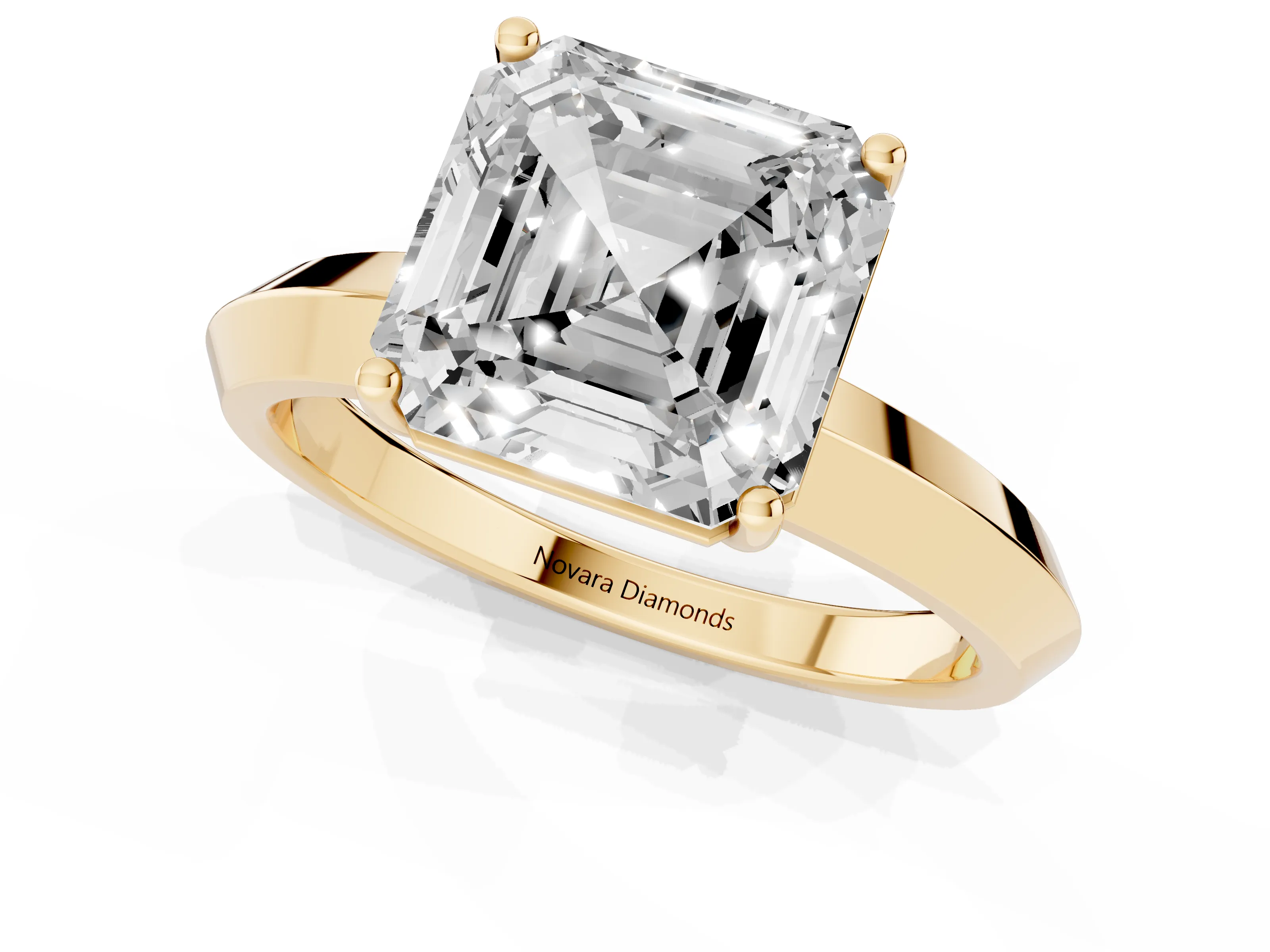 Asscher Cut Diamond Solitaire Engagement Ring Set in Yellow gold with Flat Band and Prong Setting