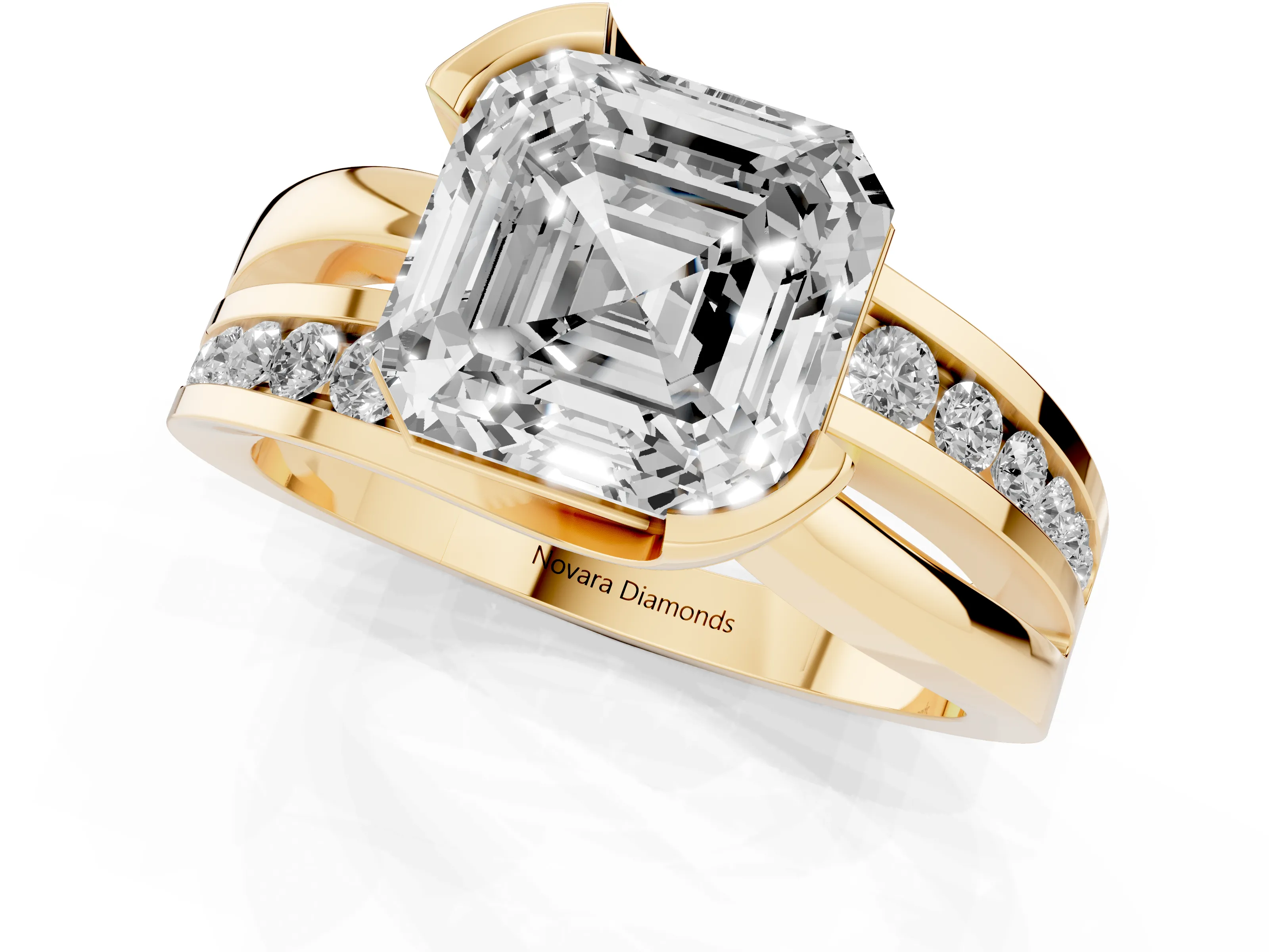 Asscher Cut Diamond Solitaire Ring Set in Yellow gold with Channel Set Split Shank and Tension Prongs