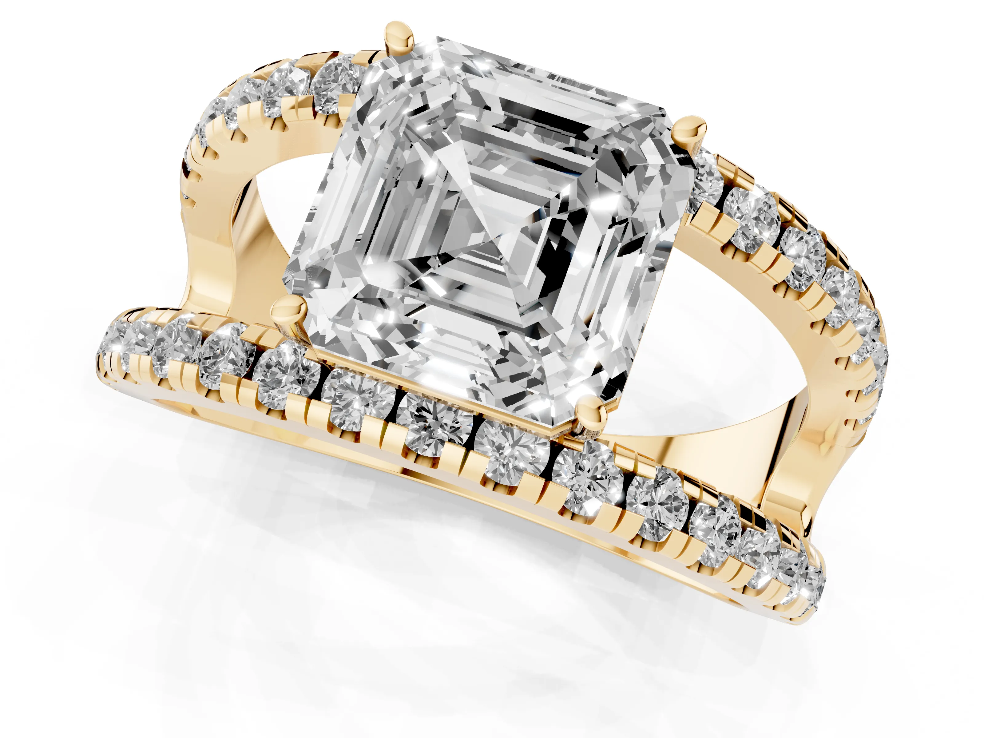 Asscher Cut Diamond Split Shank Pavé Solitaire Ring Set in Yellow gold with Open Shank Design