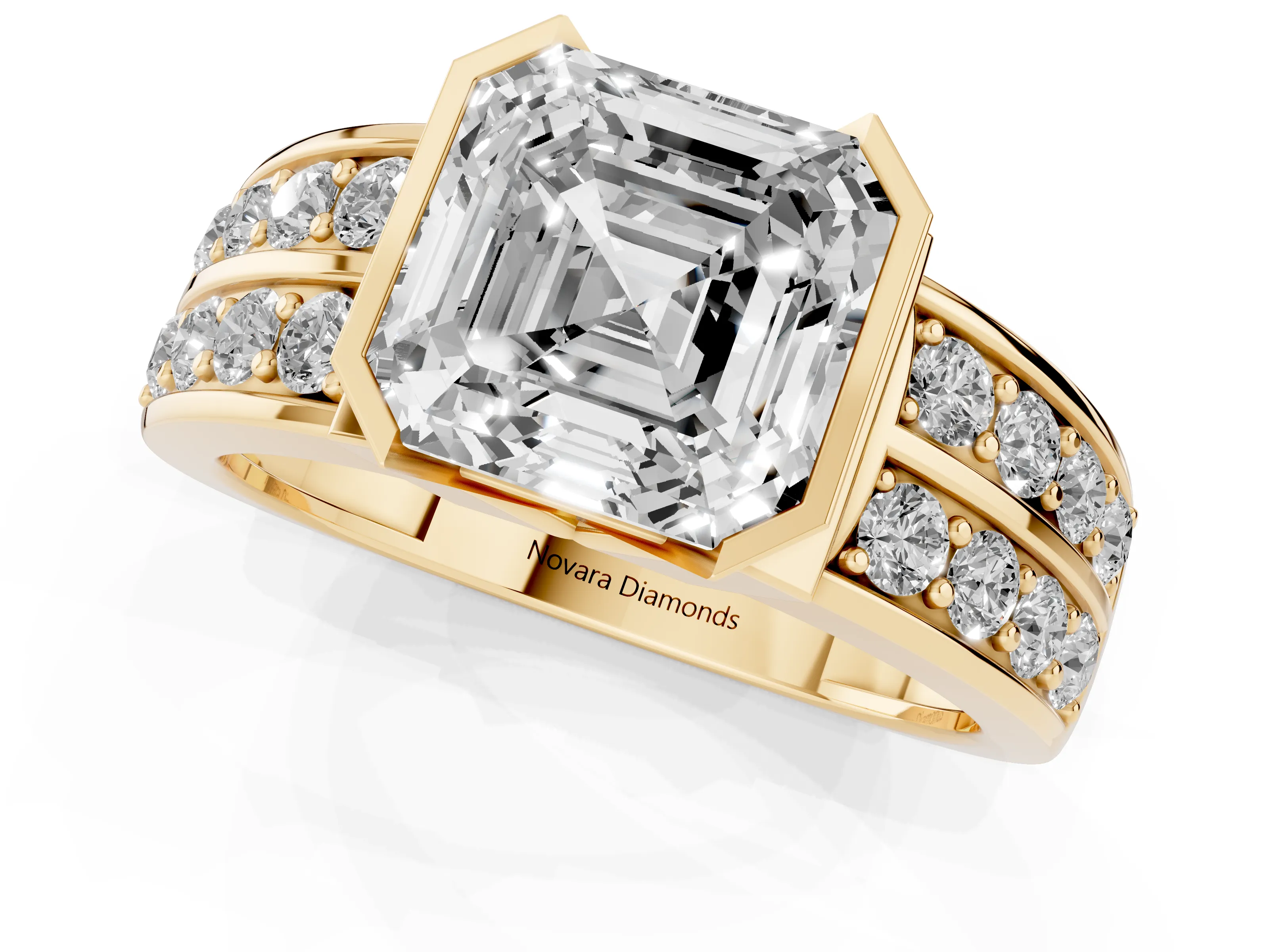 Asscher Cut Diamond Wide Channel Set Band Ring Set in Yellow gold with Bezel Setting