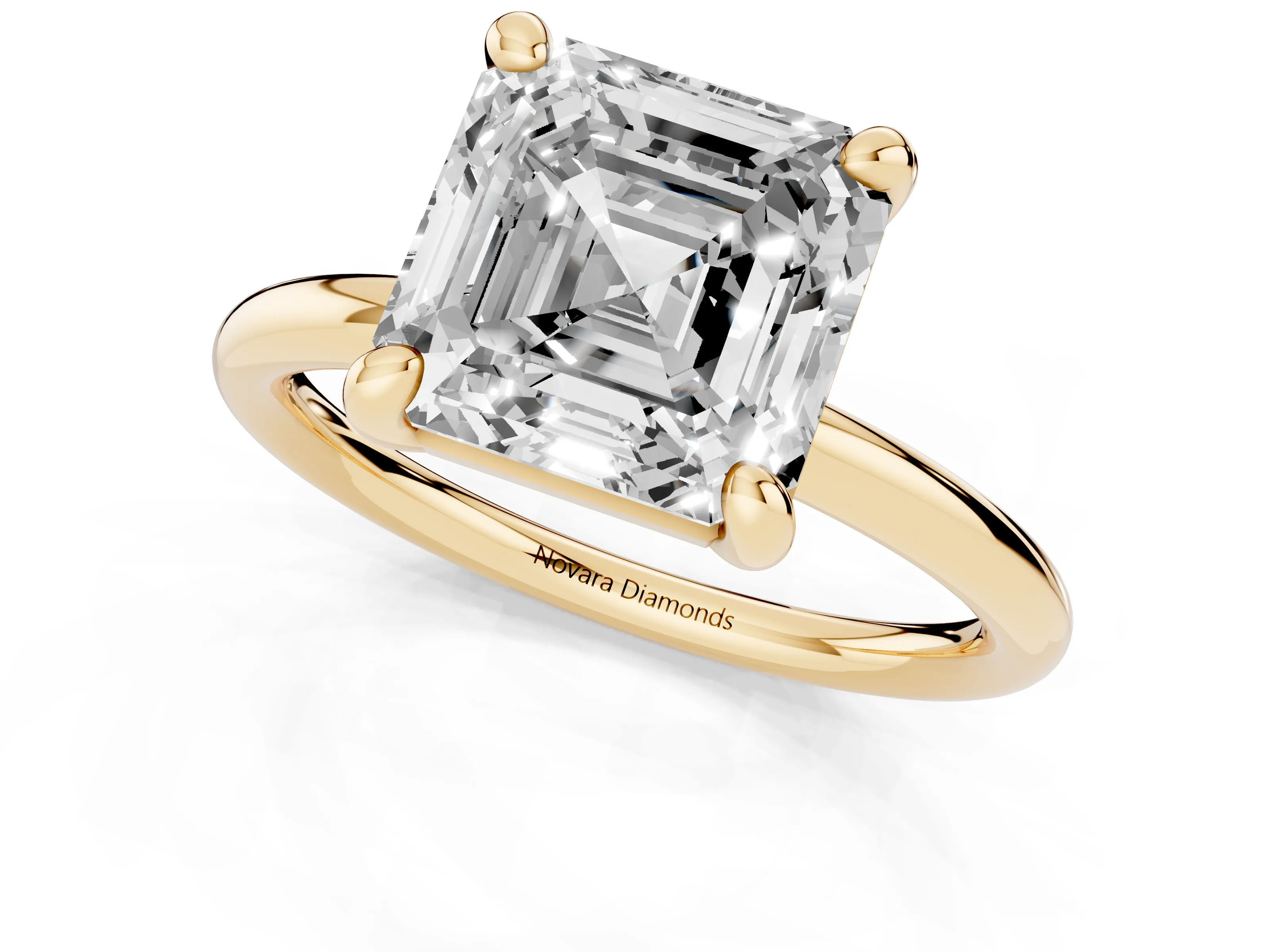 Asscher Cut Diamond Solitaire Ring Set in Yellow gold with Prong Setting on a Polished Plain Band