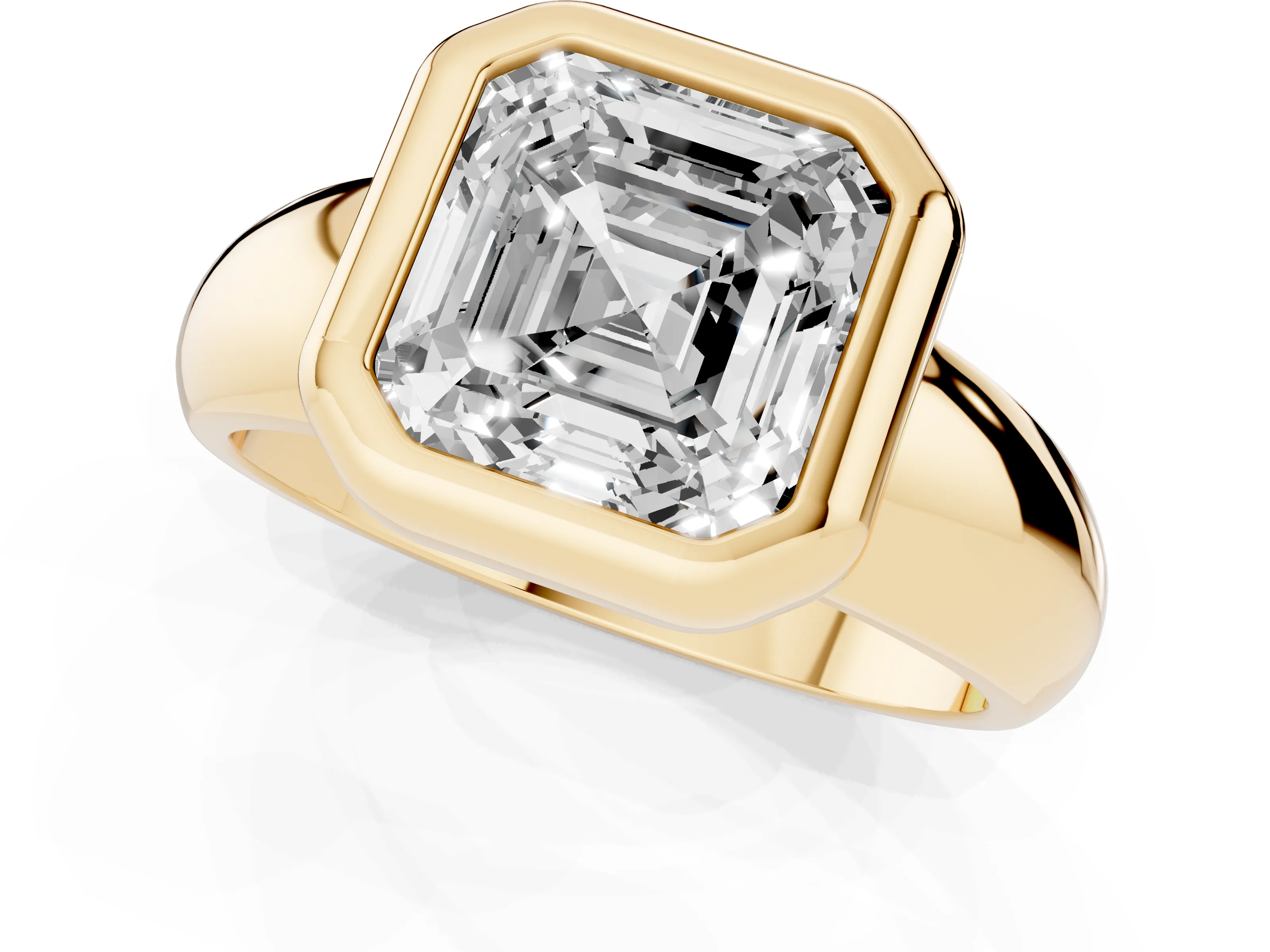 Bezel Set Asscher Cut Diamond Solitaire Ring Set in Yellow gold with Wide Band