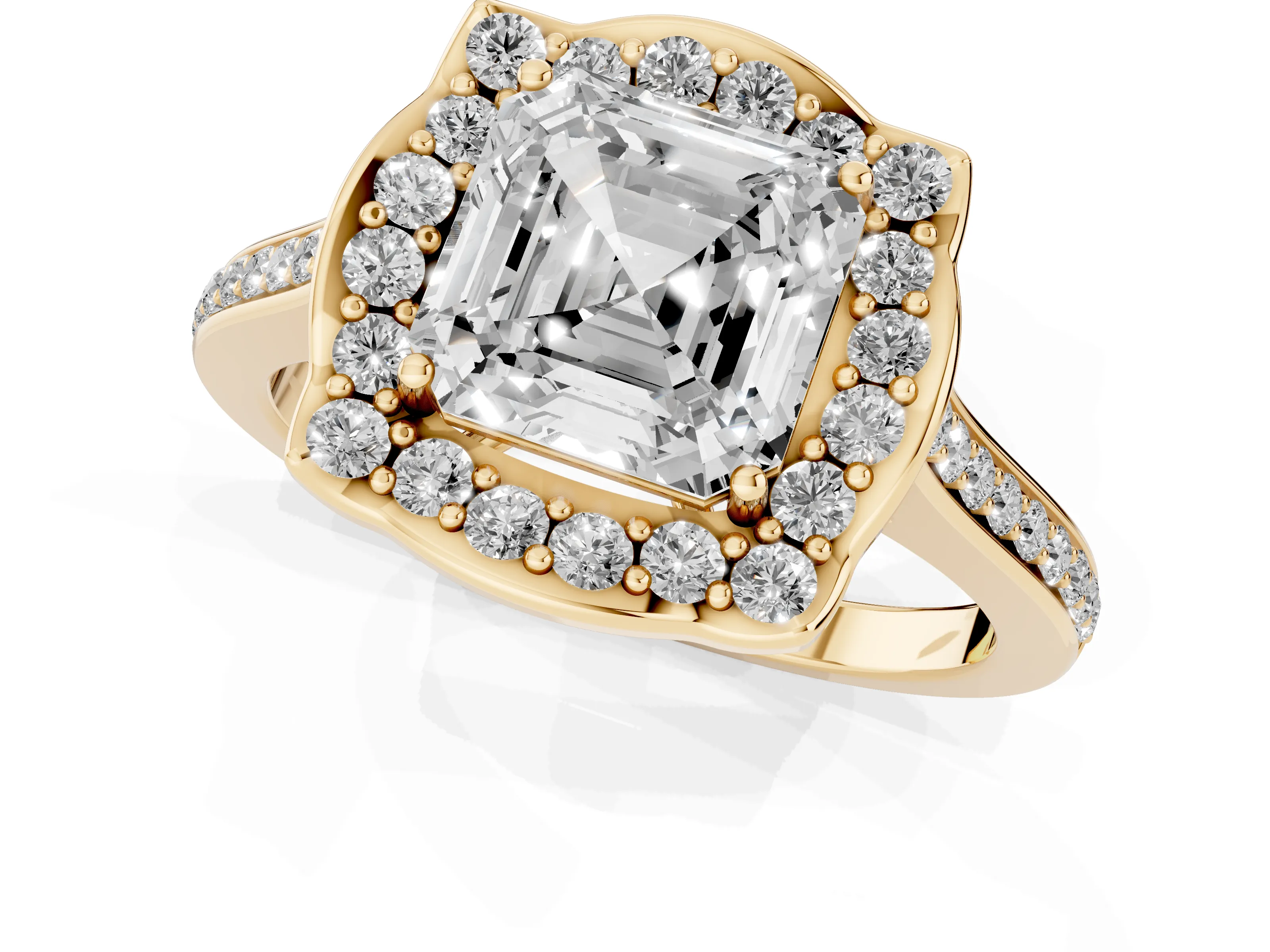 Asscher Cut Diamond Halo Ring Set in Yellow gold with Pavé-Lined Shoulders and Prong Setting