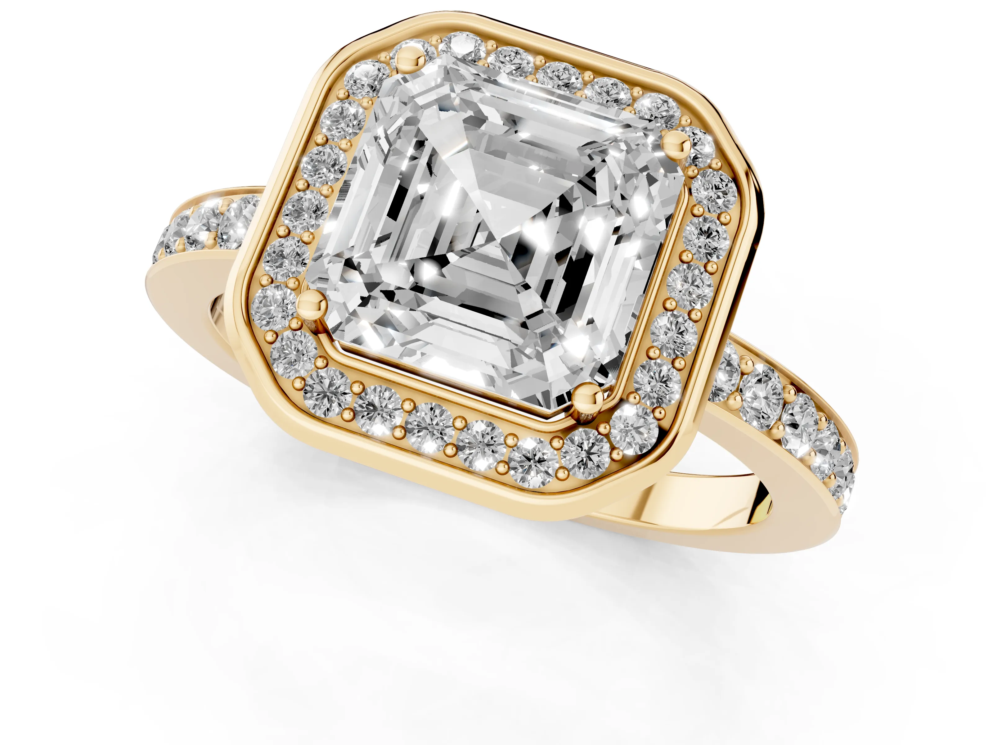 Asscher Cut Diamond Halo Ring Set in Yellow gold with Bezel Frame and Pavé Band