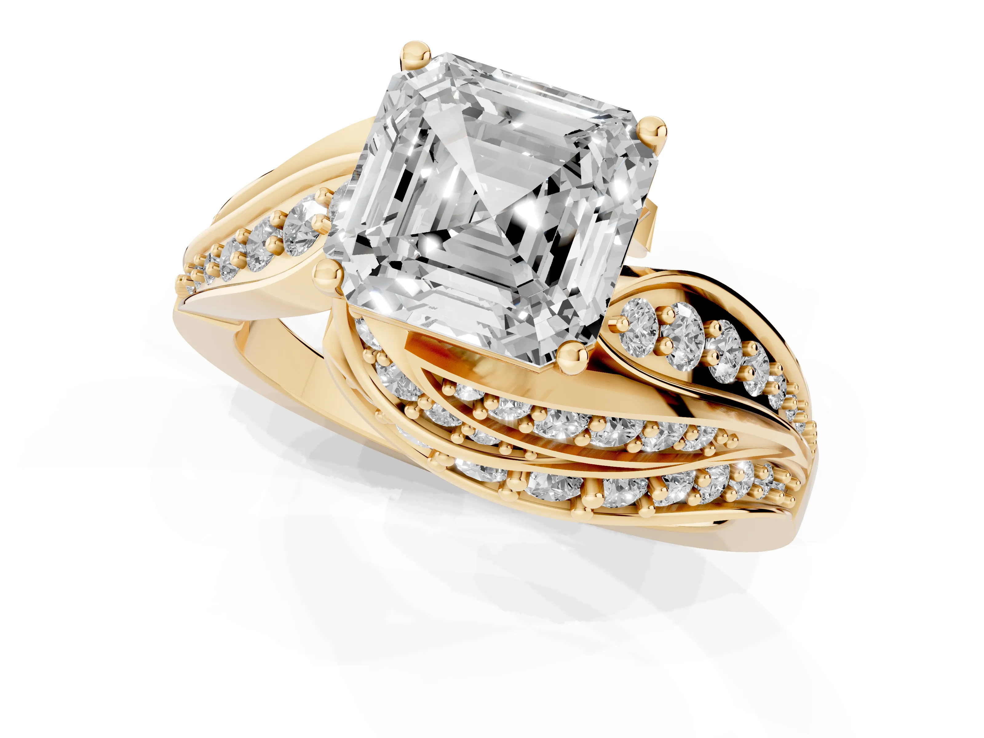 Asscher Cut Diamond Solitaire Ring Set in Yellow gold with Layered Twist Pavé Band