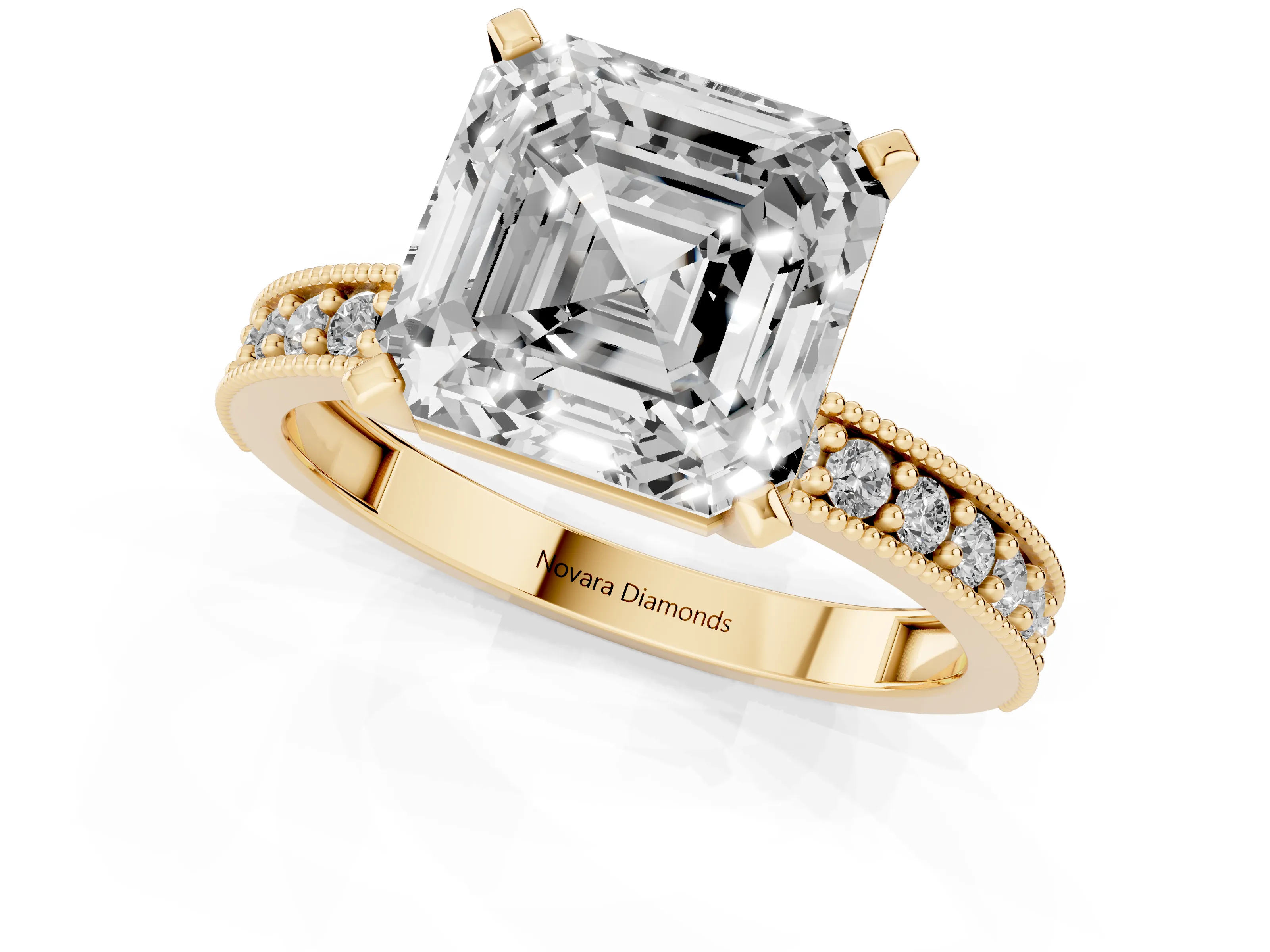 Asscher Cut Diamond Milgrain Pavé Engagement Ring Set in Yellow gold with Prong Setting