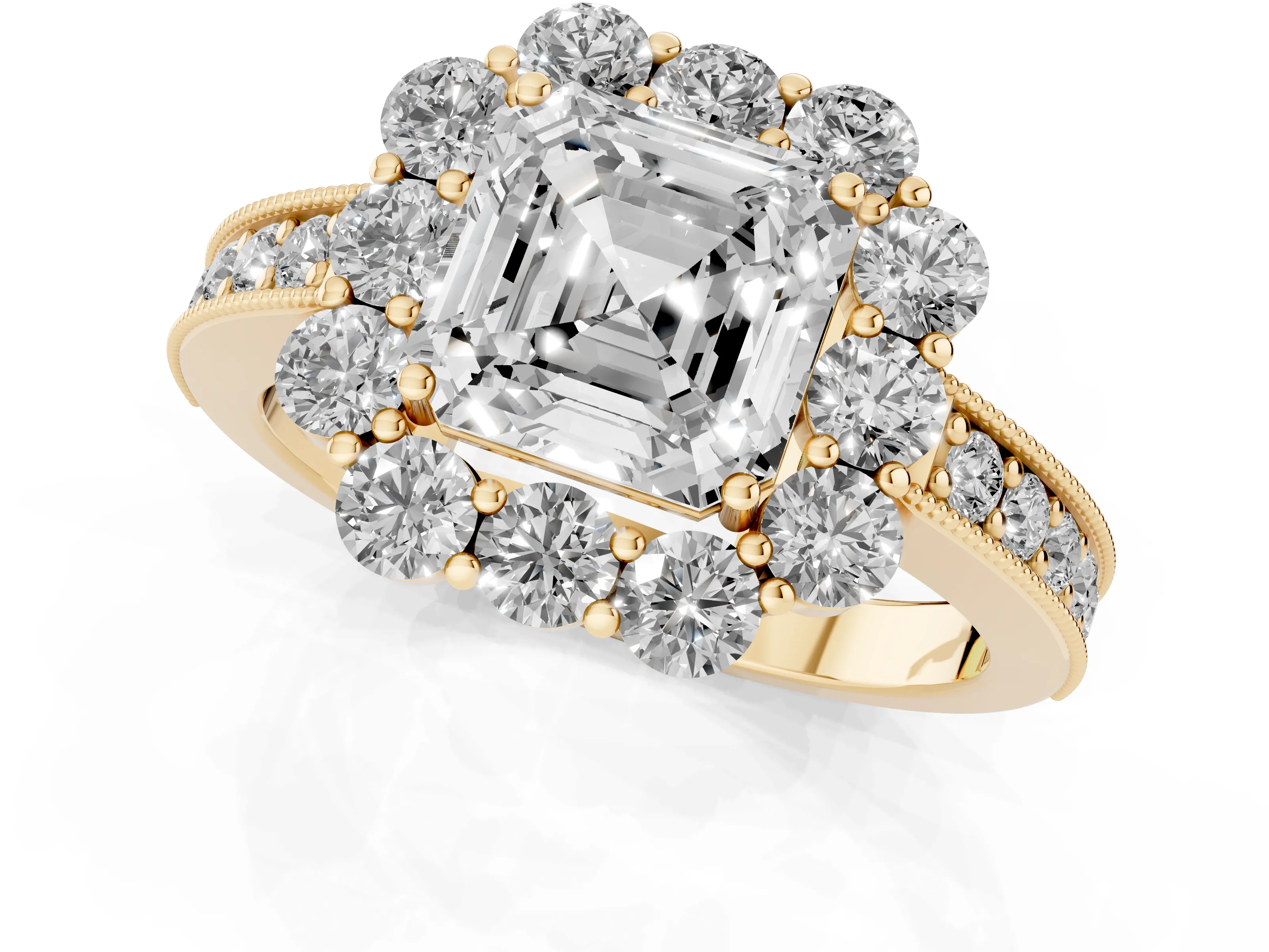 Asscher Cut Diamond Halo Pavé Engagement Ring Set in Yellow gold with Milgrain Detailing