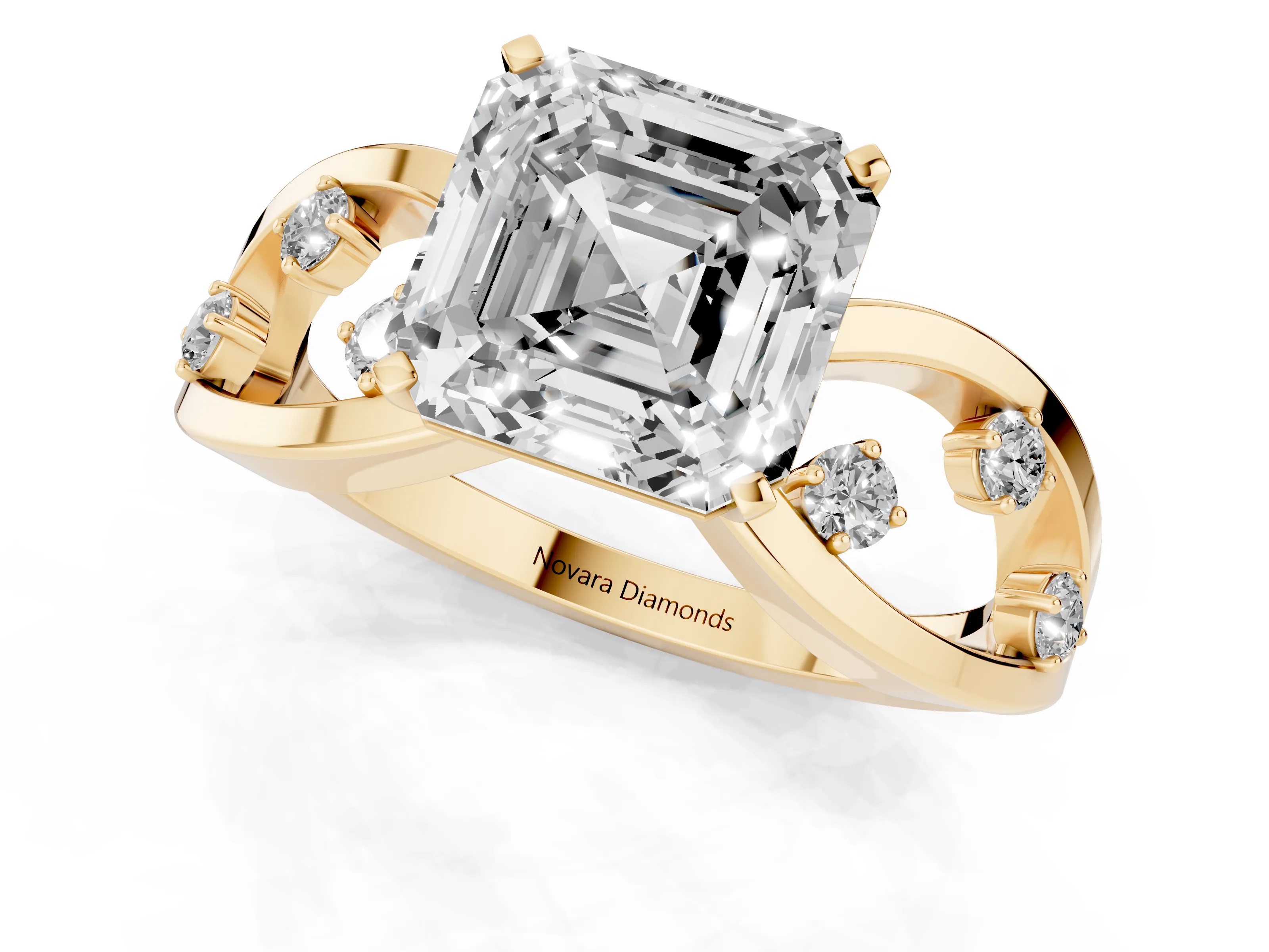 Asscher Cut Diamond Solitaire Ring Set in Yellow gold with Side Stones on Criss-Cross Band and Prong Setting