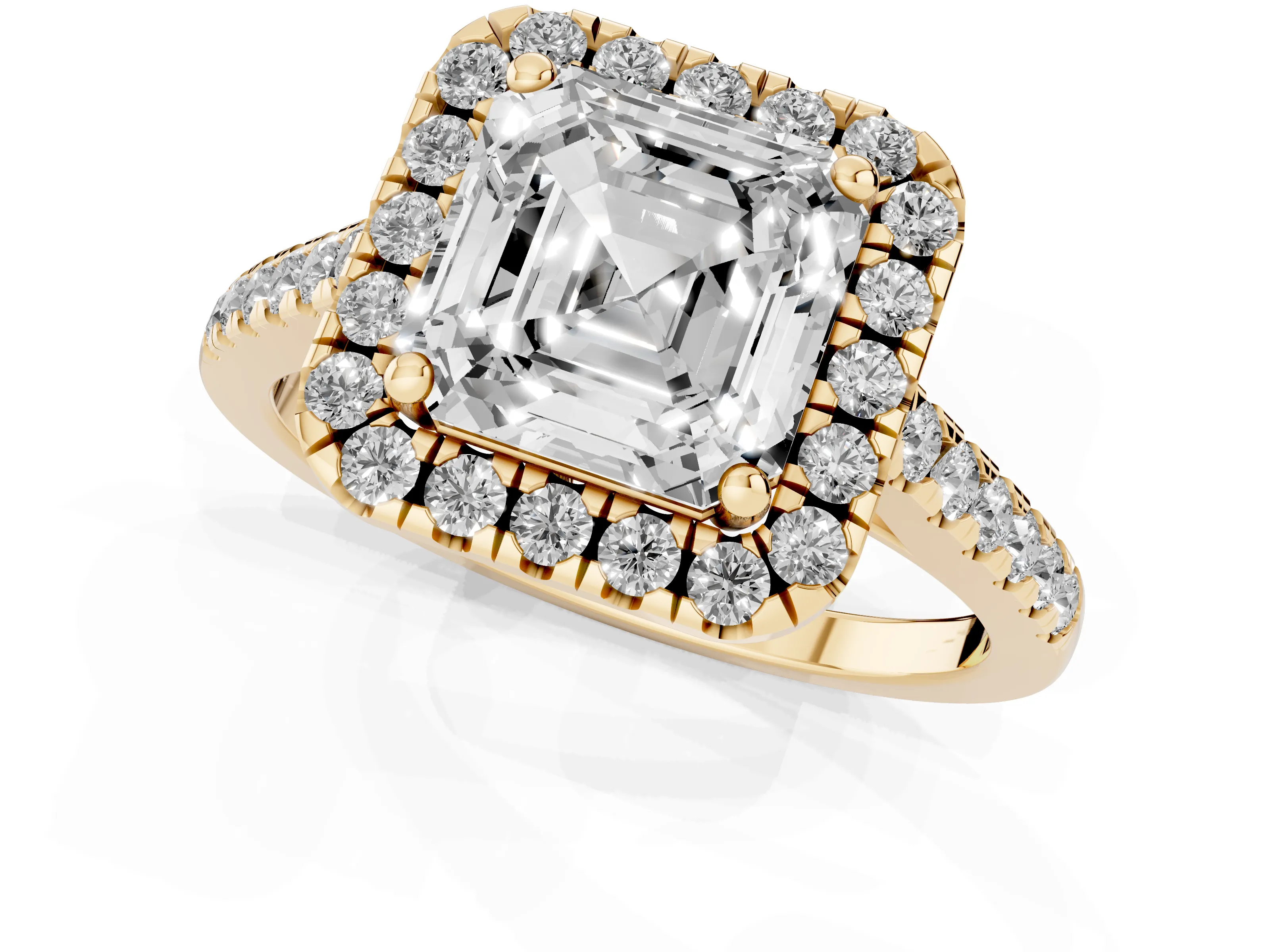 Asscher Cut Diamond Pavé Halo Engagement Ring Set in Yellow gold with Pavé Band and Prong Setting