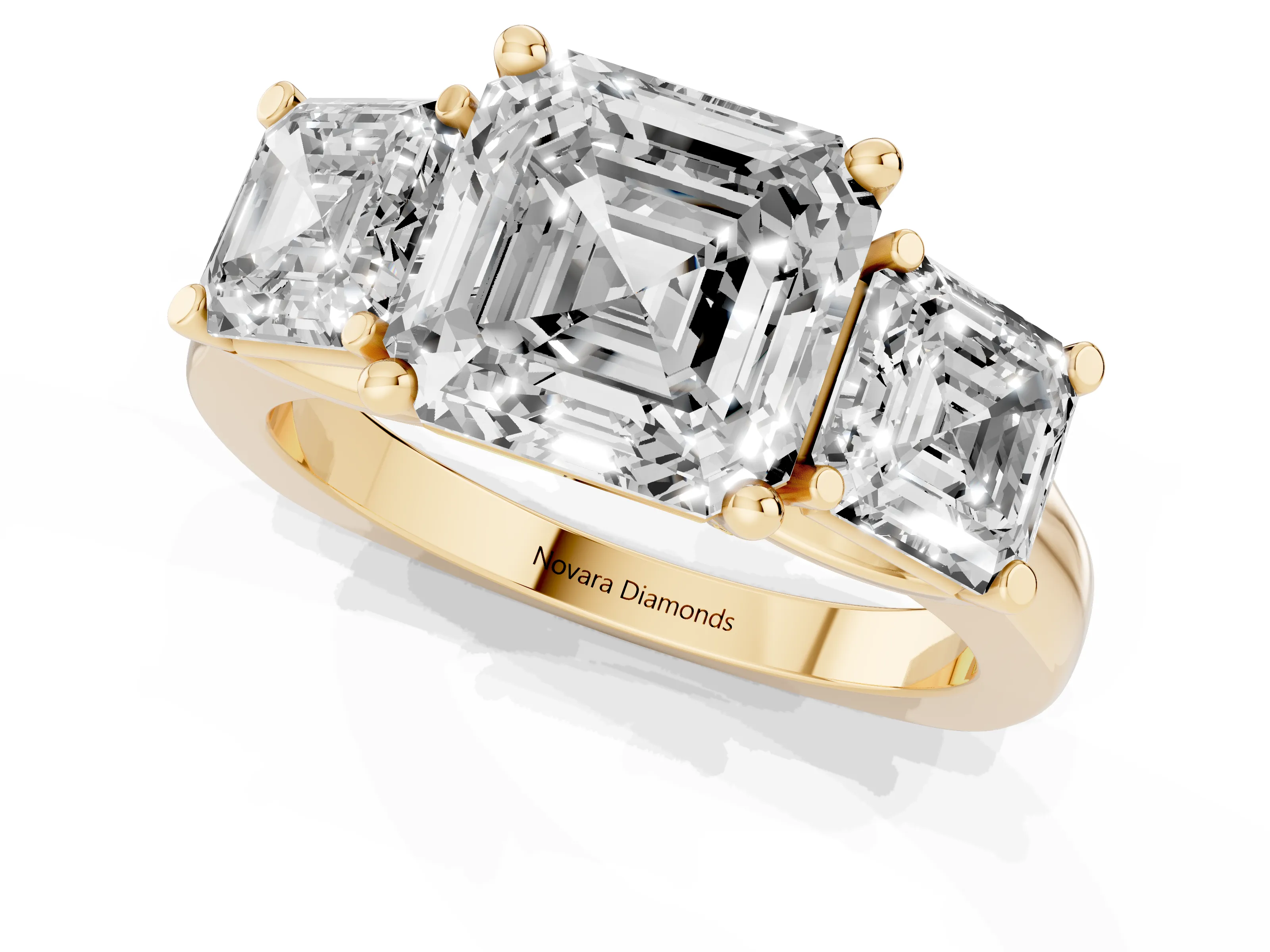 Asscher Cut Diamond Three-Stone Trellis Ring Set in Yellow gold with Comfort Fit Band