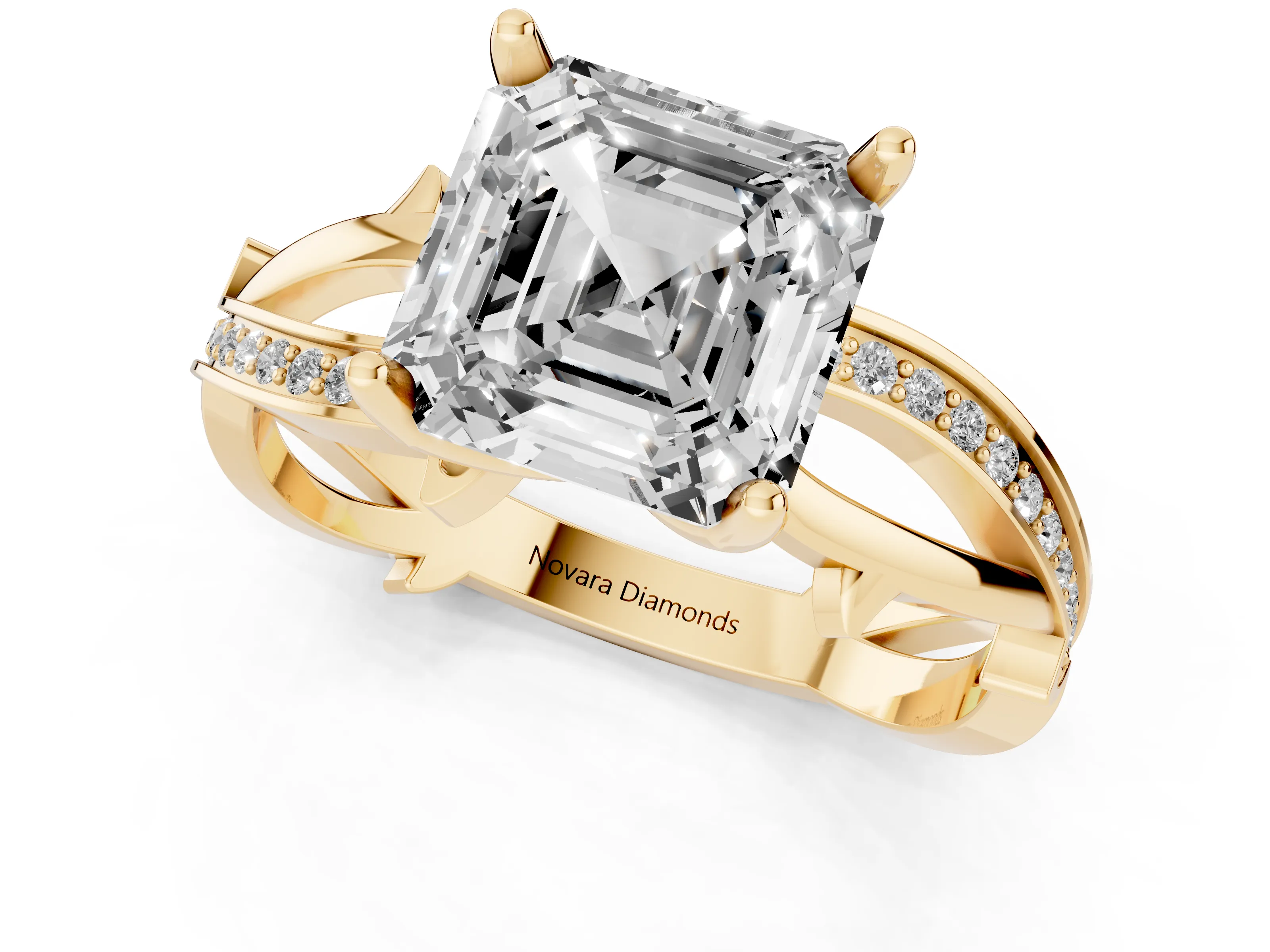 Asscher Cut Diamond Pavé Twist Band Solitaire Ring Set in Yellow gold with Prong Setting