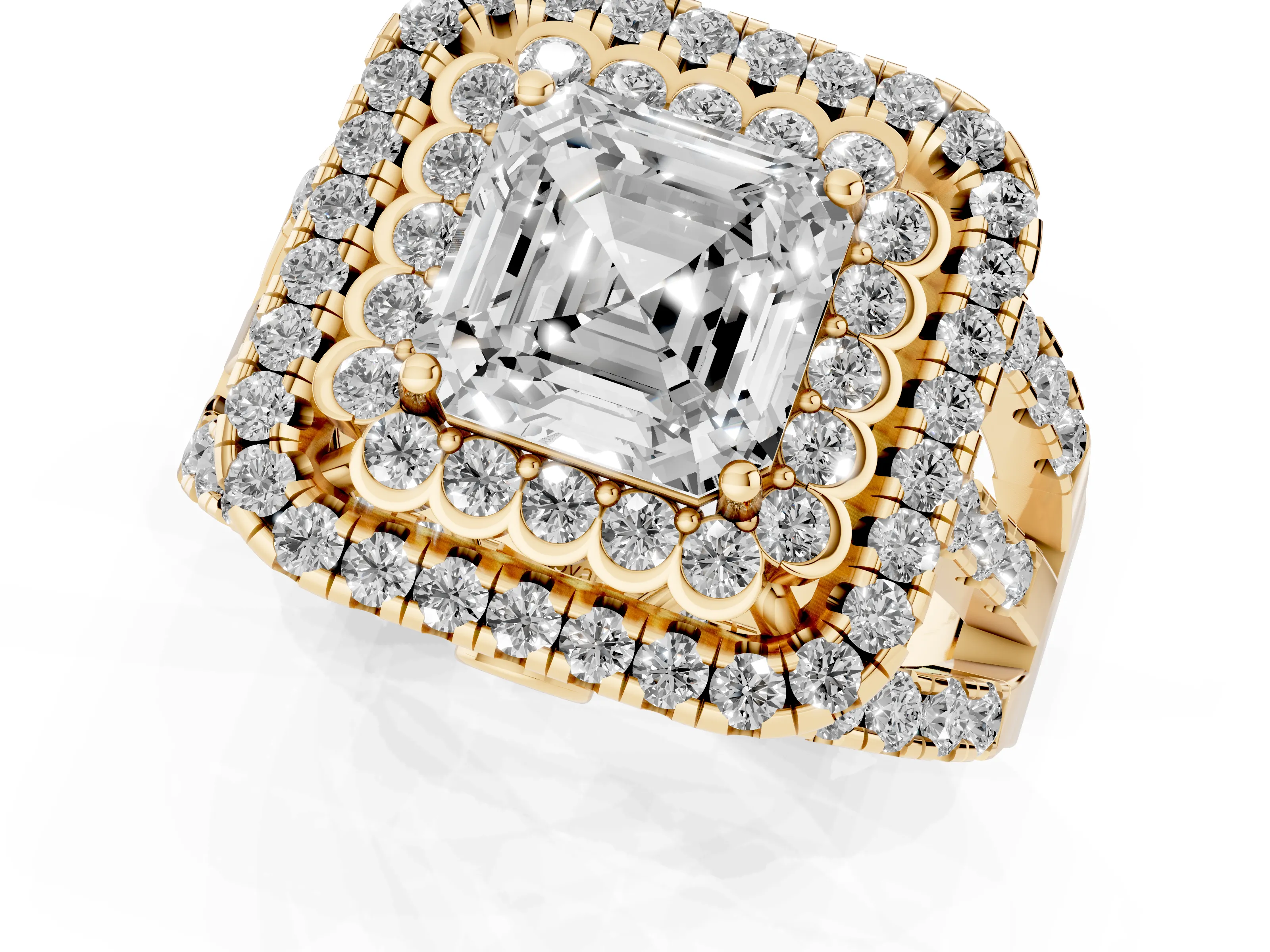 Asscher Cut Diamond Double Halo Ring Set in Yellow gold with Round Pavé Split Shank