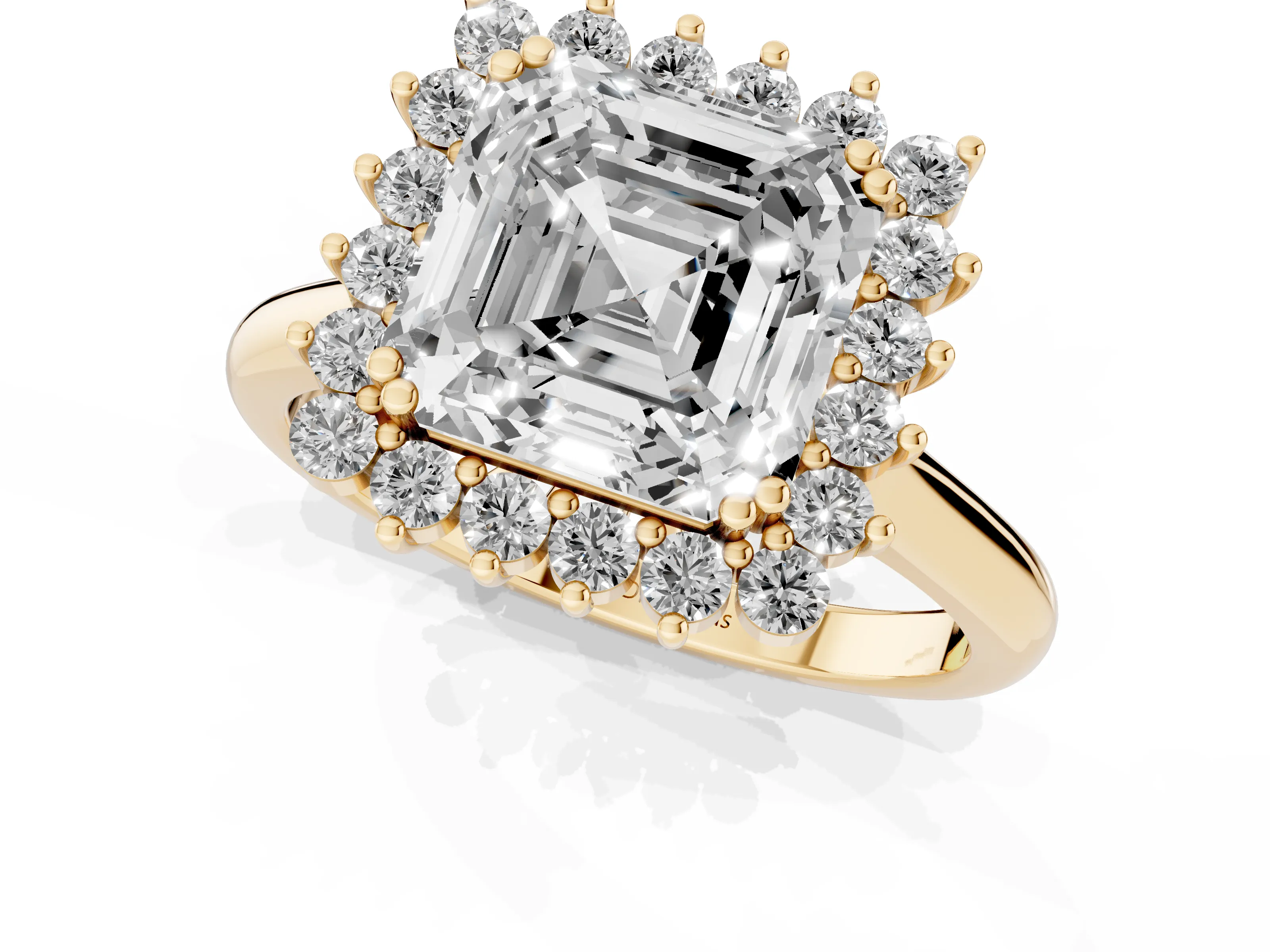 Asscher Cut Diamond Halo Ring Set in Yellow gold with Plain Solitaire Band and Prong Setting