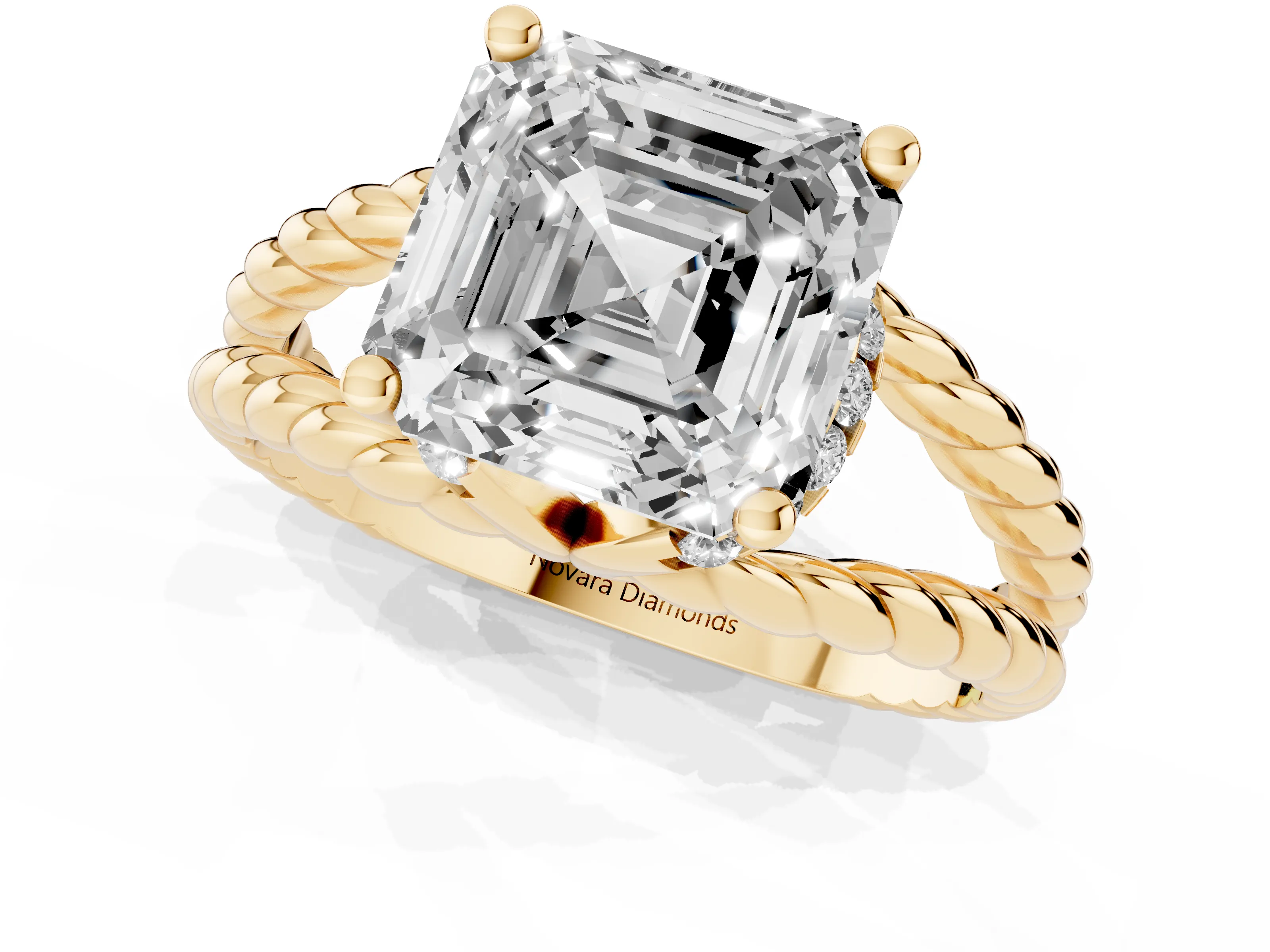 Asscher Cut Diamond Halo Ring Set in Yellow gold with Twisted Band and Prong Setting