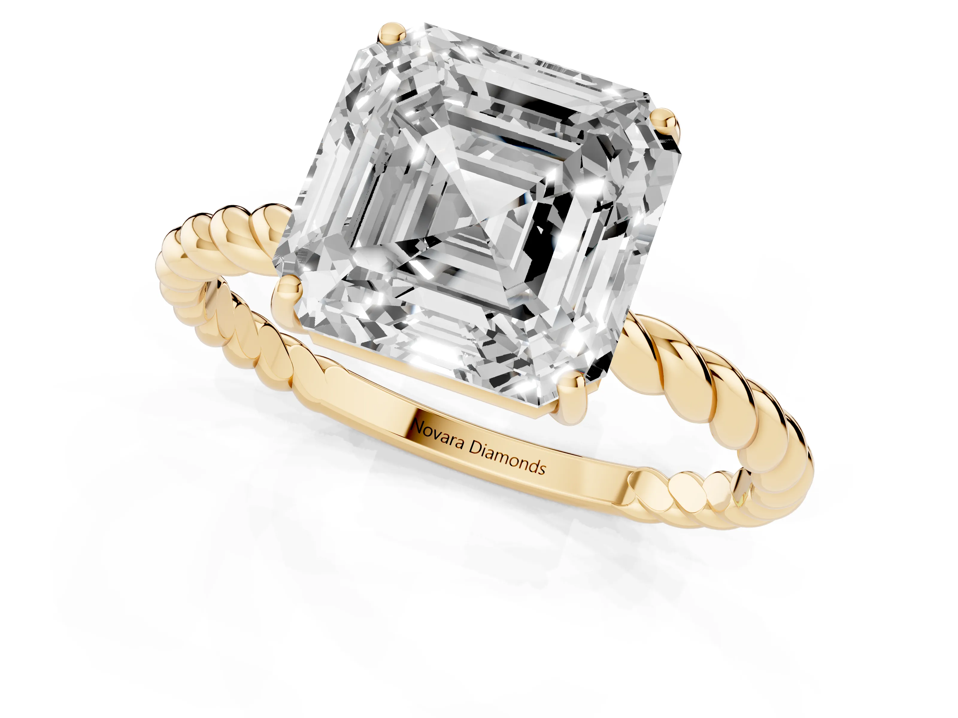 Asscher Cut Diamond Solitaire Ring Set in Yellow gold with Twist Band and Prong Setting