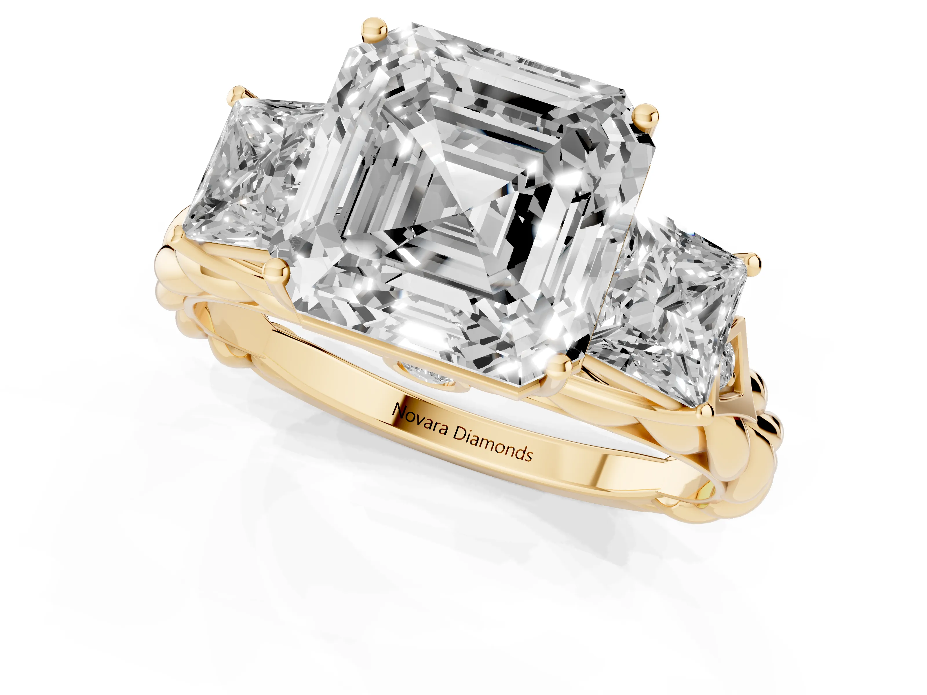 Asscher Cut Diamond Three-Stone Ring Set in Yellow gold with Braided Band