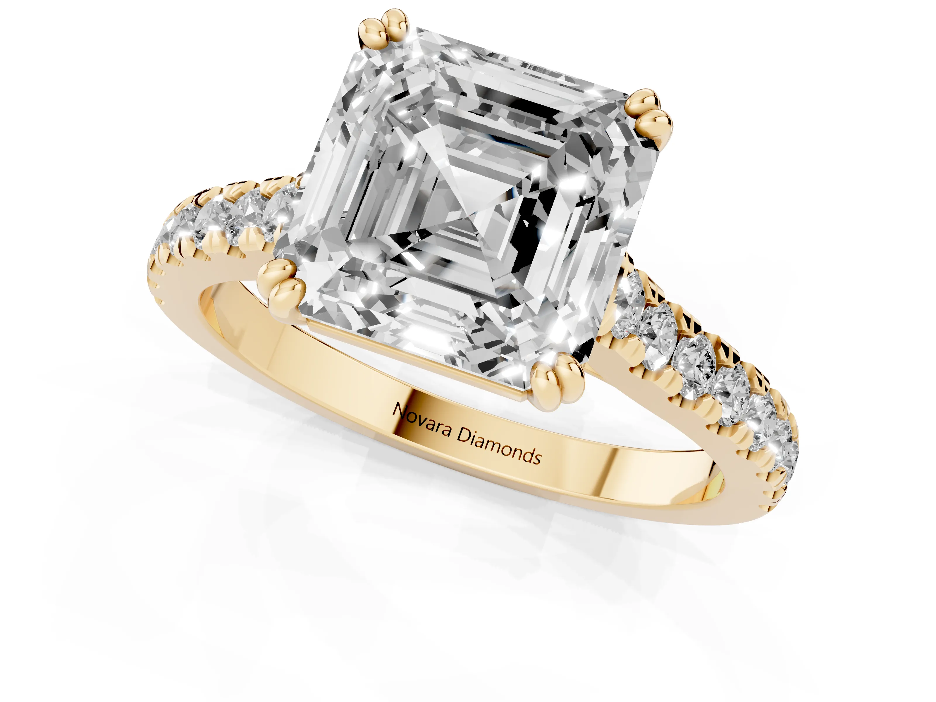 Asscher Cut Diamond Solitaire Engagement Ring Set in Yellow gold with Pavé Accents and Prong Setting