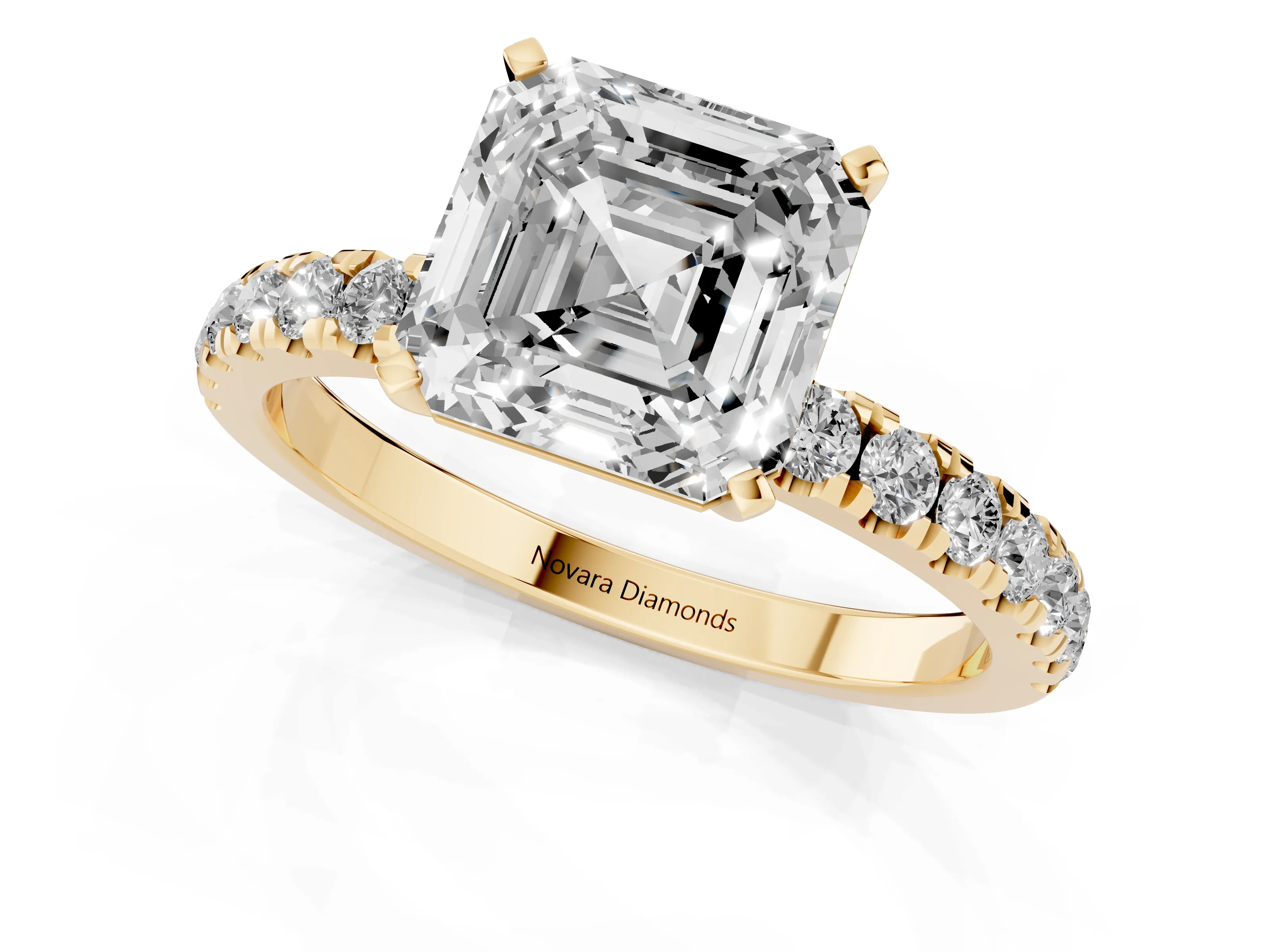 Asscher Cut Diamond Solitaire Ring Set in Yellow gold with Pavé Accents and Prong Setting