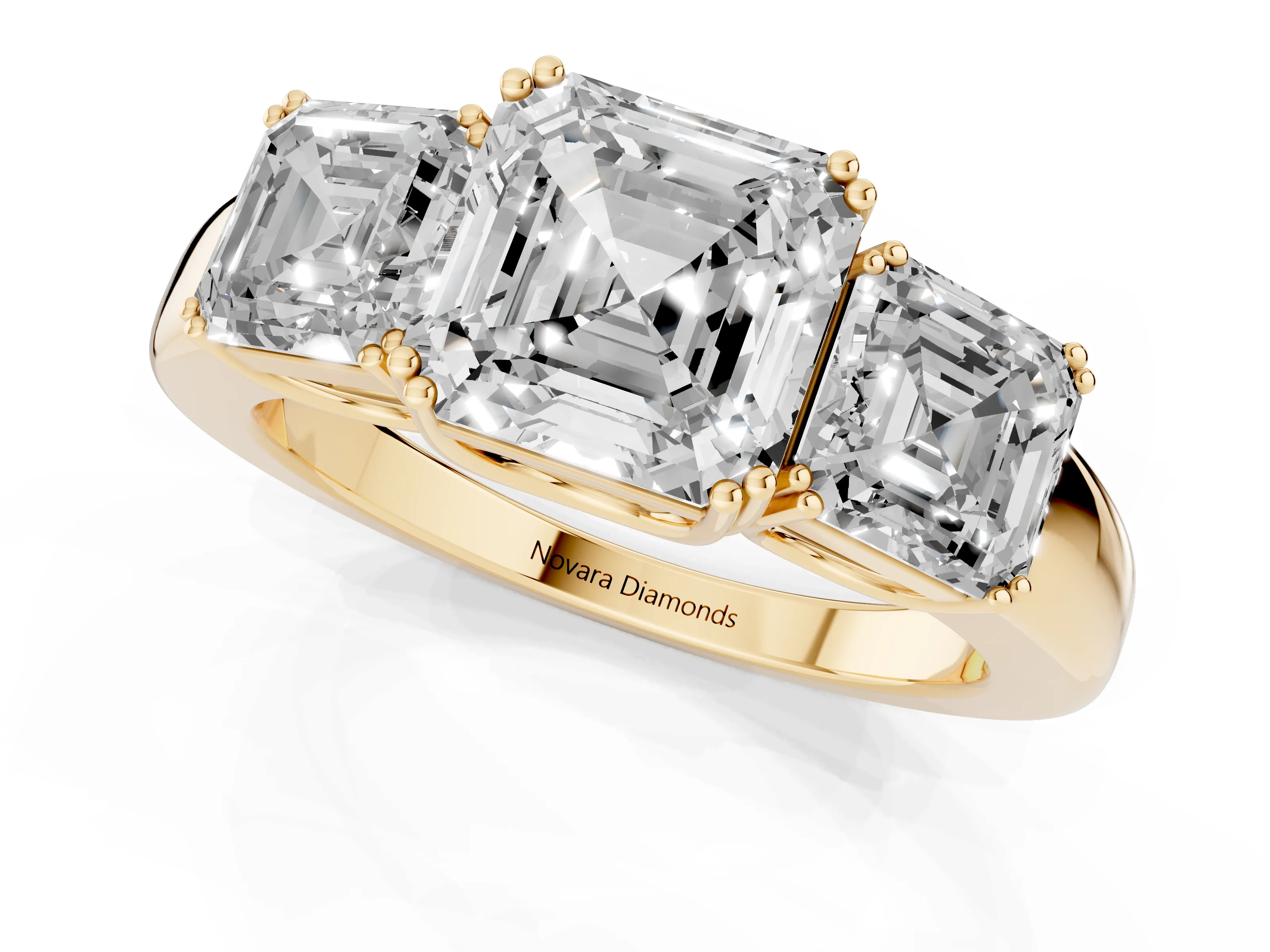 Asscher Cut Diamond Three-Stone Ring Set in Yellow gold with Polished Band and Prong Setting – second view