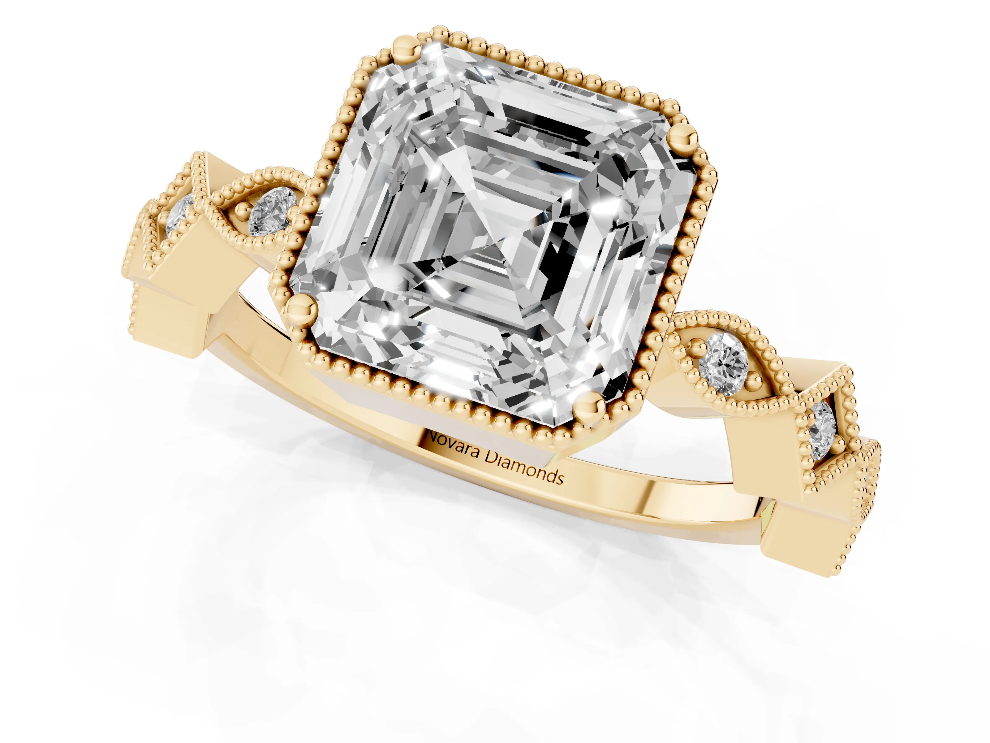Asscher Cut Diamond Milgrain Marquise Twist Band Ring Set in Yellow gold with Prong Setting