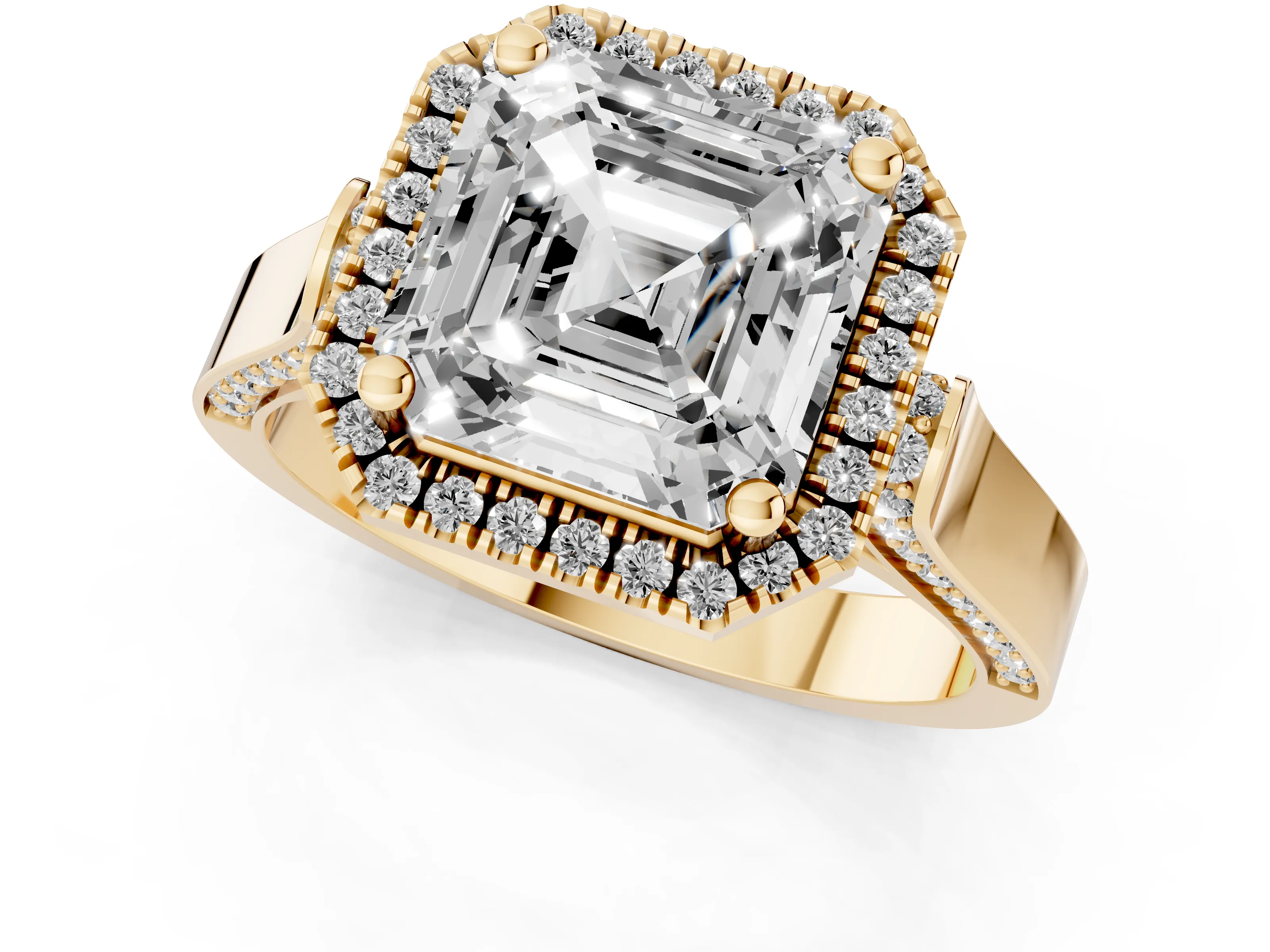 Asscher Cut Diamond Halo Ring Set in Yellow gold with Pavé-Lined Split Shank Band