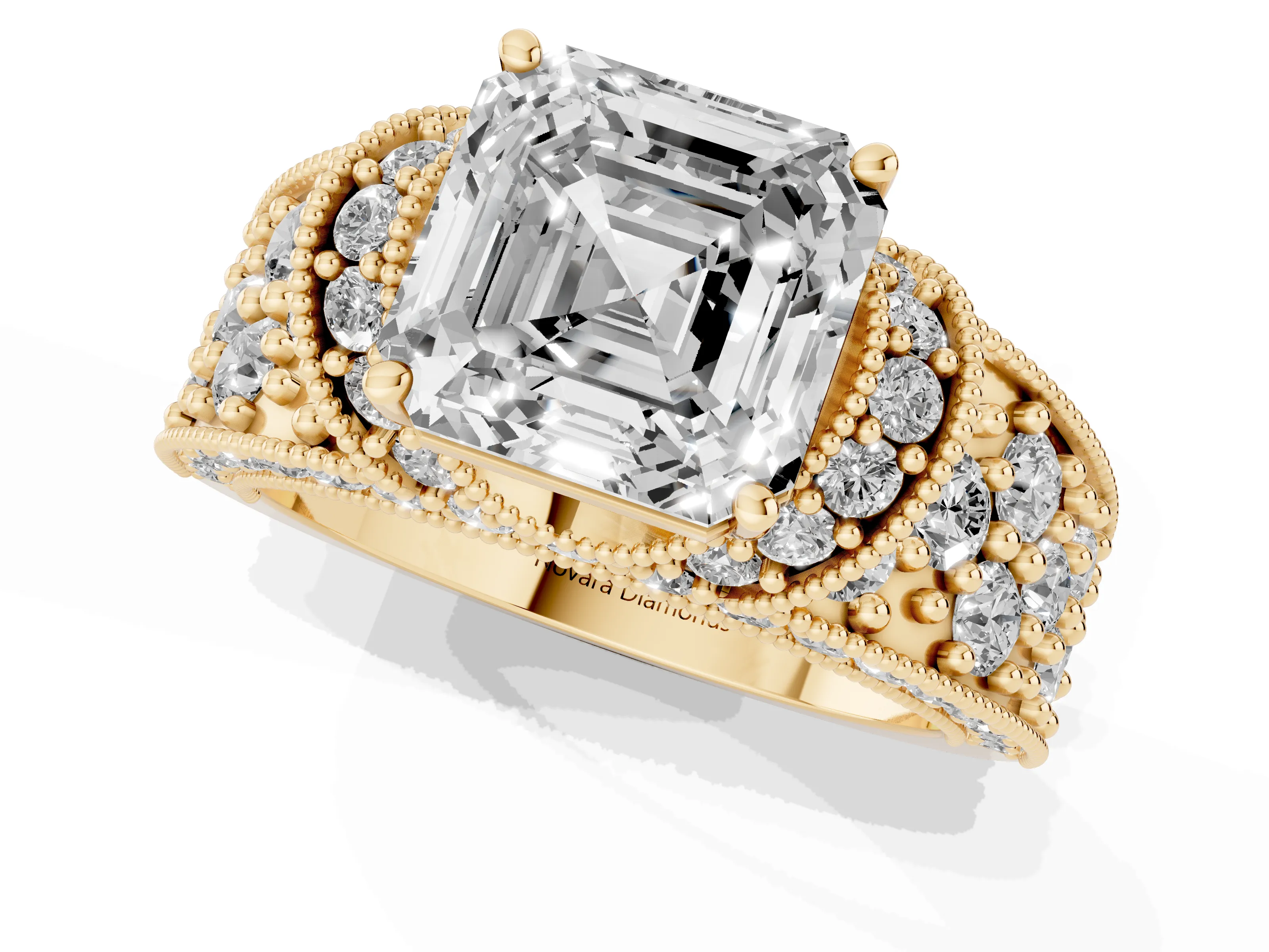 Asscher Cut Diamond Milgrain Halo Pavé Engagement Ring Set in Yellow gold with Prong Setting