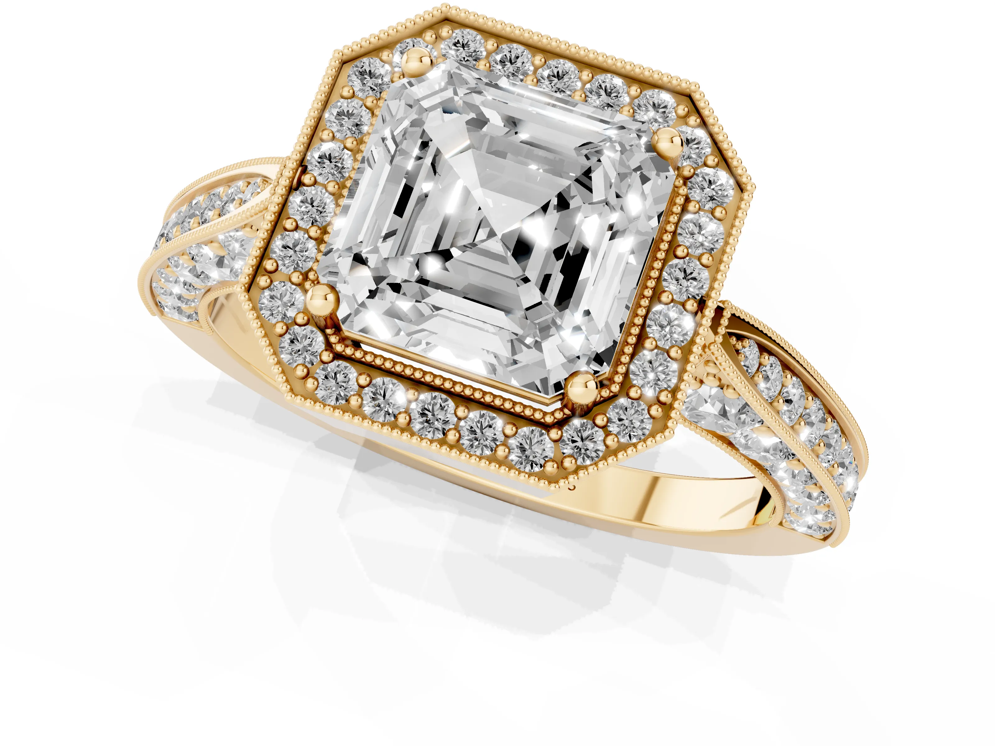 Asscher Cut Diamond Halo Engagement Ring Set in Yellow gold with Accent Split Shank Band