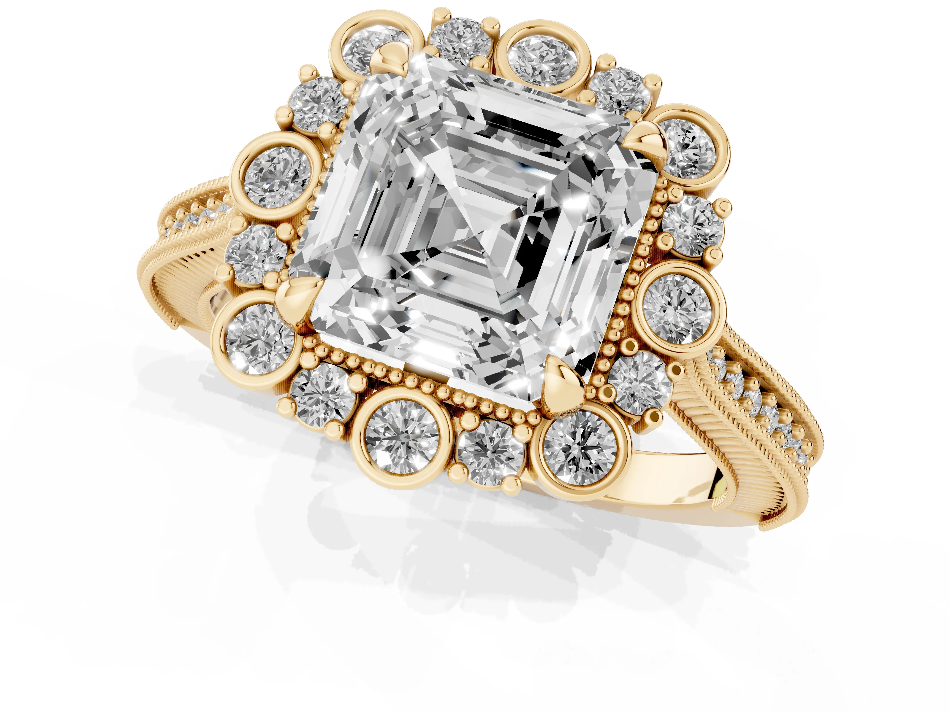 Asscher Cut Diamond Halo Milgrain Pavé Ring Set in Yellow gold with Prong Setting
