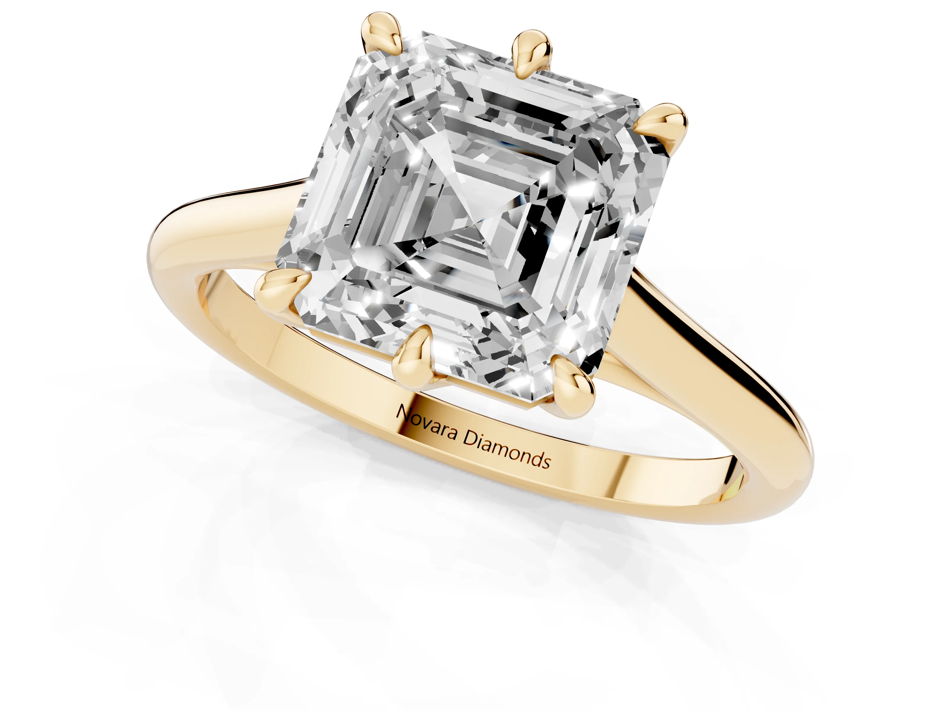 Asscher Cut Diamond Solitaire Engagement Ring Set in Yellow gold with Prong Setting and Plain Classic Band – second view