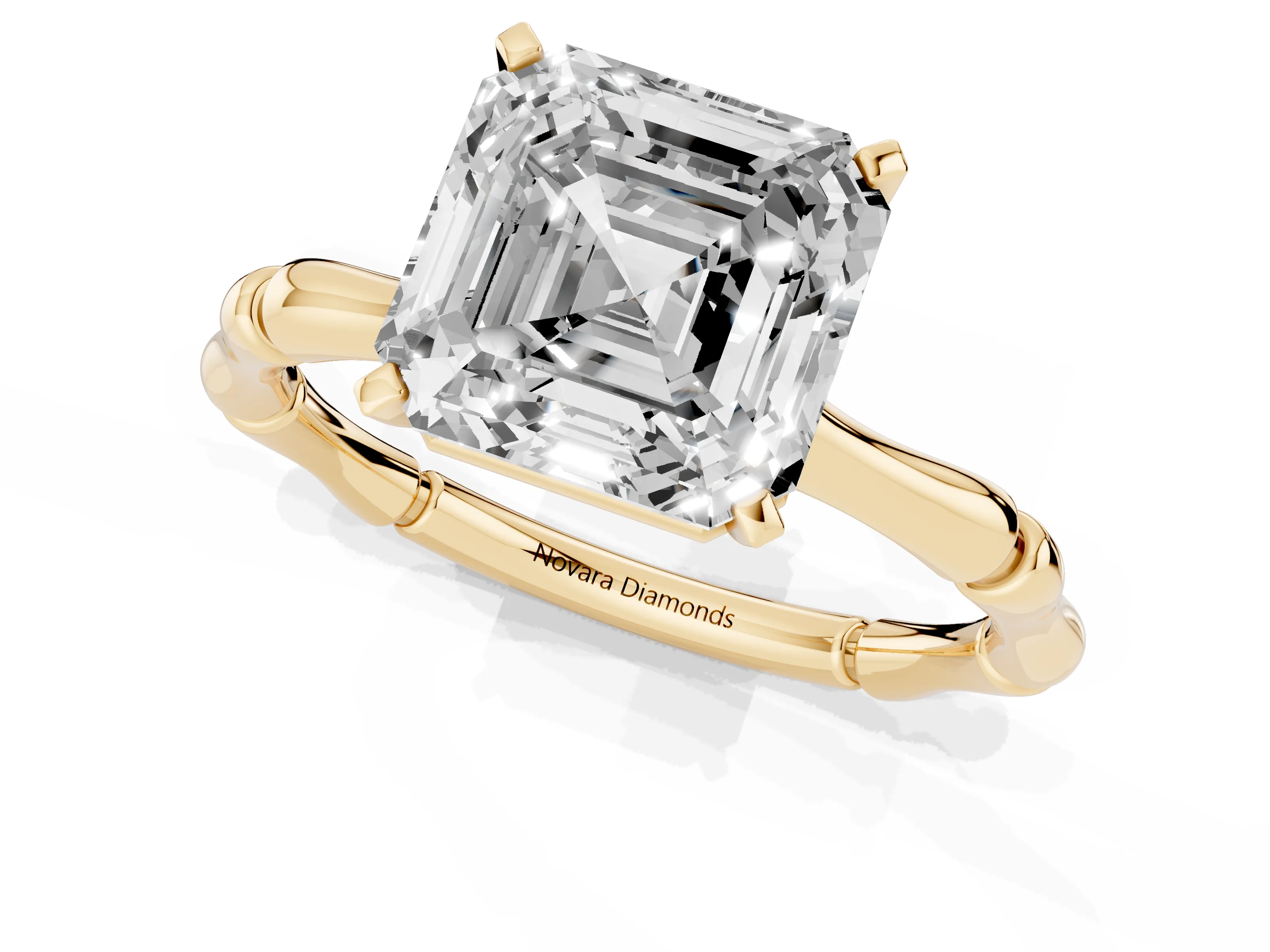 Asscher Cut Diamond Solitaire Ring Set in Yellow gold with Bamboo Band and Prong Setting